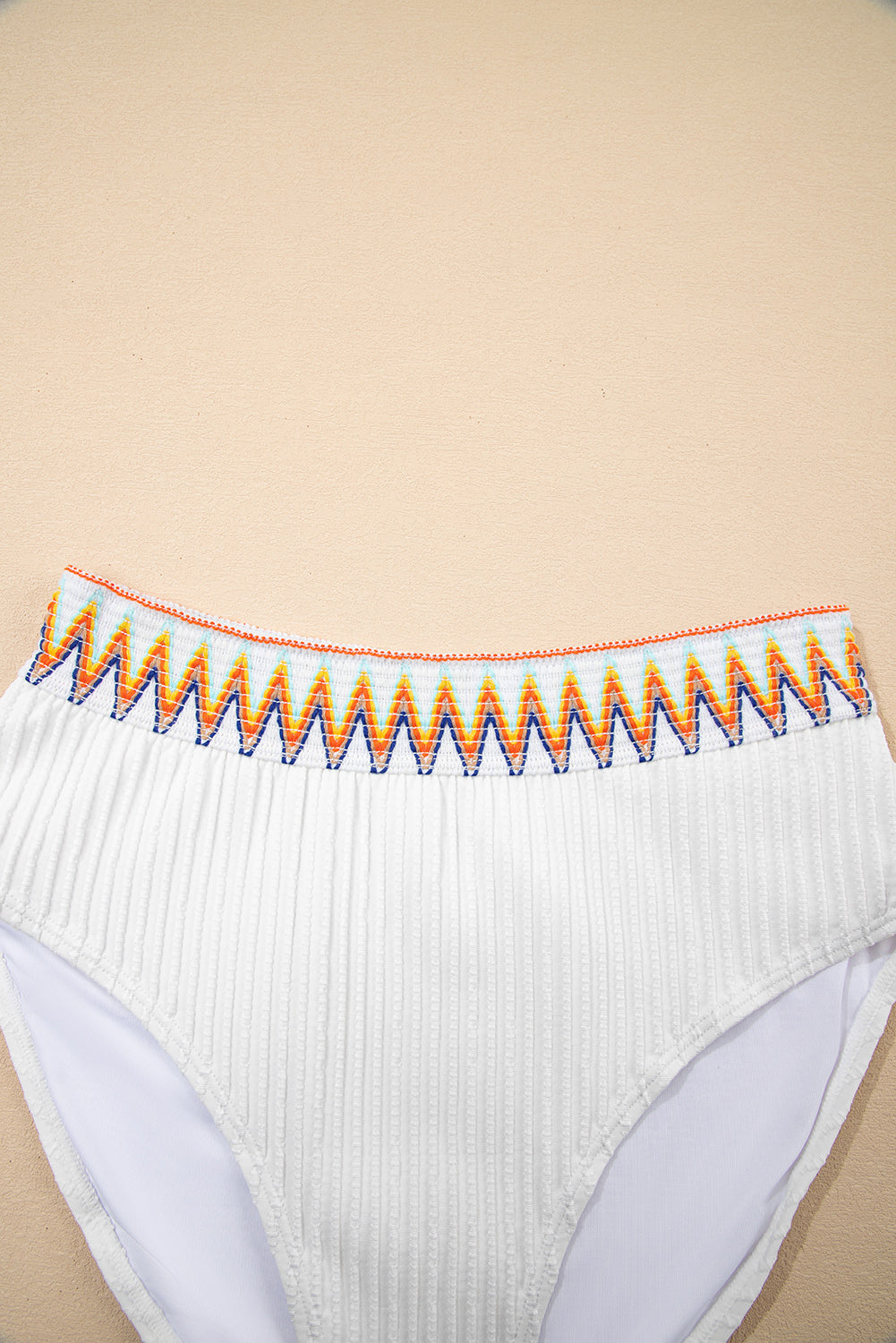 White Textured Contrast Banding Bikini High Waist 2Pcs Swimsuit-Swimwear/High Waisted Swimsuit-[Adult]-[Female]-2022 Online Blue Zone Planet