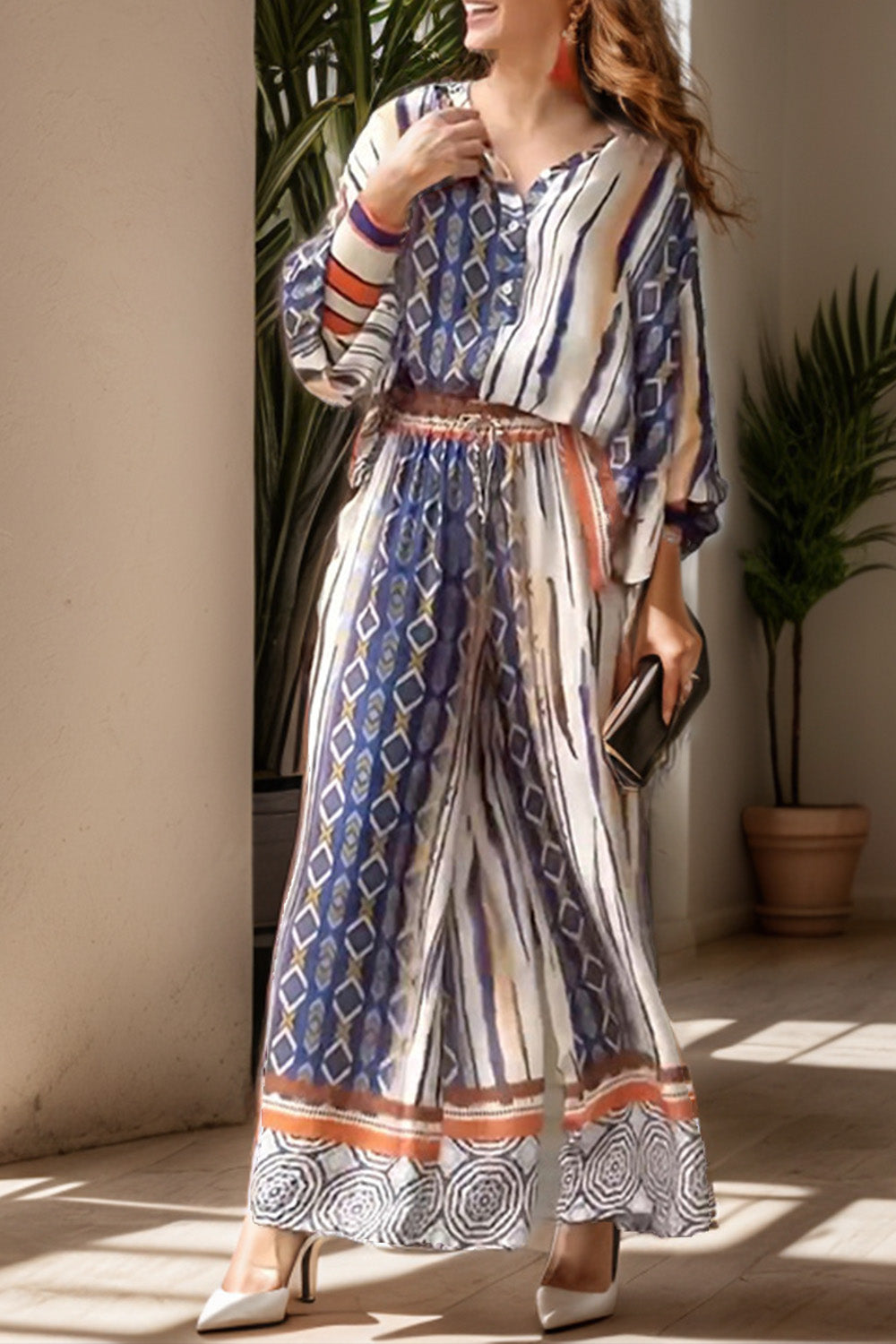 Printed Lantern Sleeve Top and Wide Leg Pants Set-[Adult]-[Female]-2022 Online Blue Zone Planet