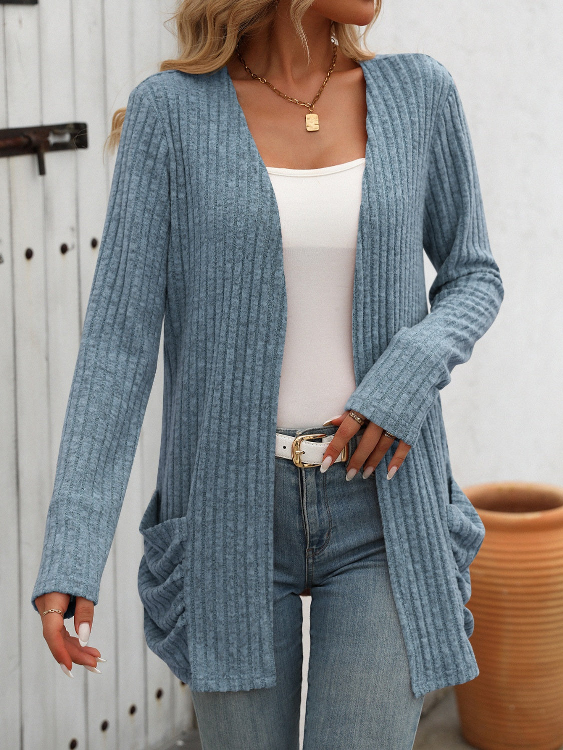 Blue Zone Planet | Open Front Long Sleeve Ribbed Cardigan-TOPS / DRESSES-[Adult]-[Female]-2022 Online Blue Zone Planet