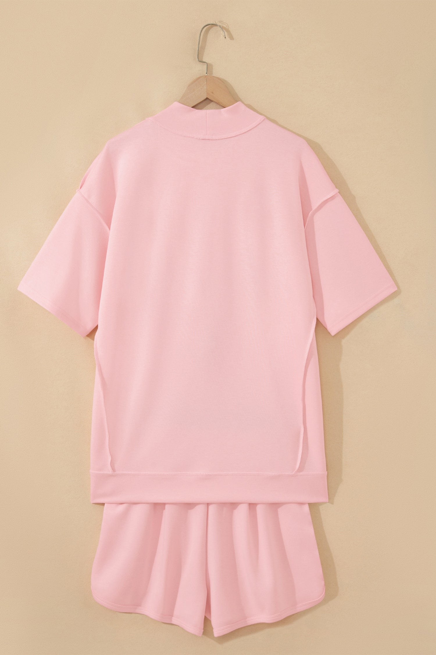 Light Pink Solid Color Exposed Seam Mock Neck Oversize Tee Casual Shorts 2pcs Outfit-Two Piece Sets/Short Sets-[Adult]-[Female]-2022 Online Blue Zone Planet