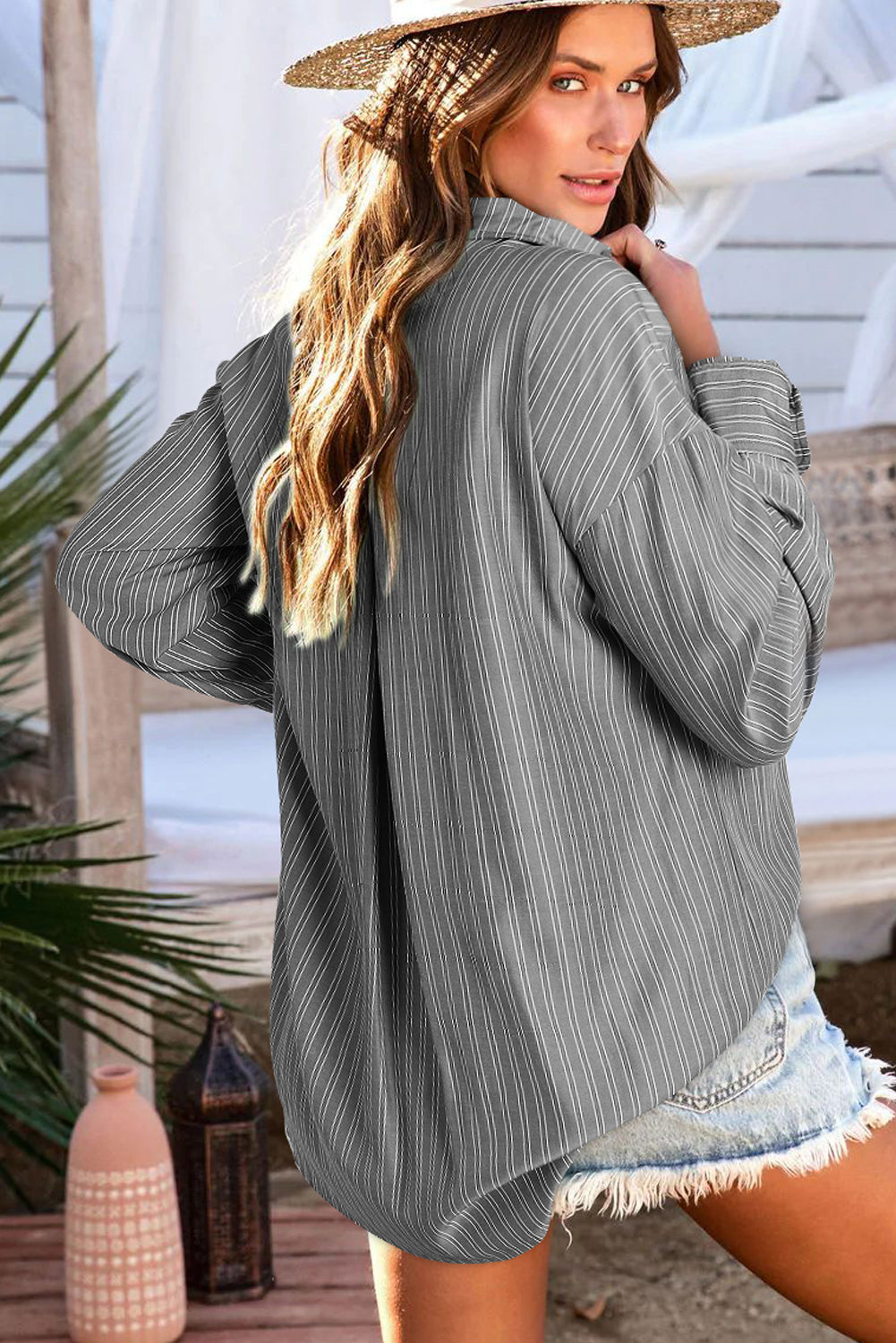 Black Stripe Button Up Oversized Casual Shirt-Tops/Blouses & Shirts-[Adult]-[Female]-2022 Online Blue Zone Planet