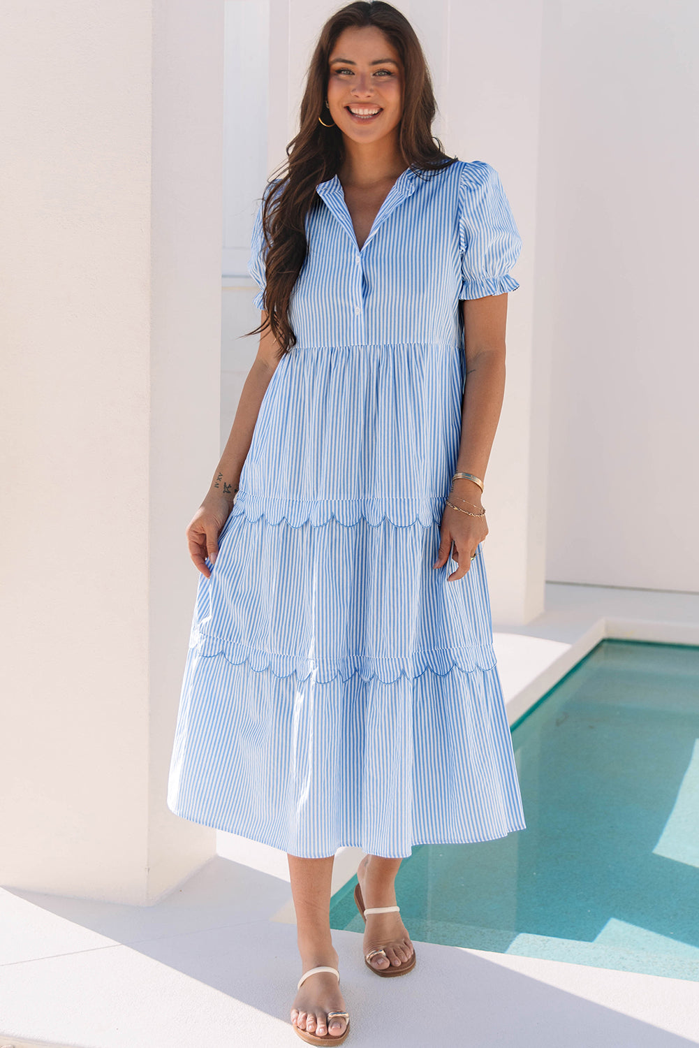 Sky Blue Stripe Bubble Short Sleeve Tiered Scallop Long Dress-TOPS / DRESSES-[Adult]-[Female]-2022 Online Blue Zone Planet
