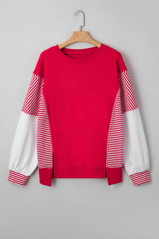 Fiery Red Striped Patchwork Sleeve Colorblock Sweatshirt-Tops/Sweatshirts & Hoodies-[Adult]-[Female]-2022 Online Blue Zone Planet