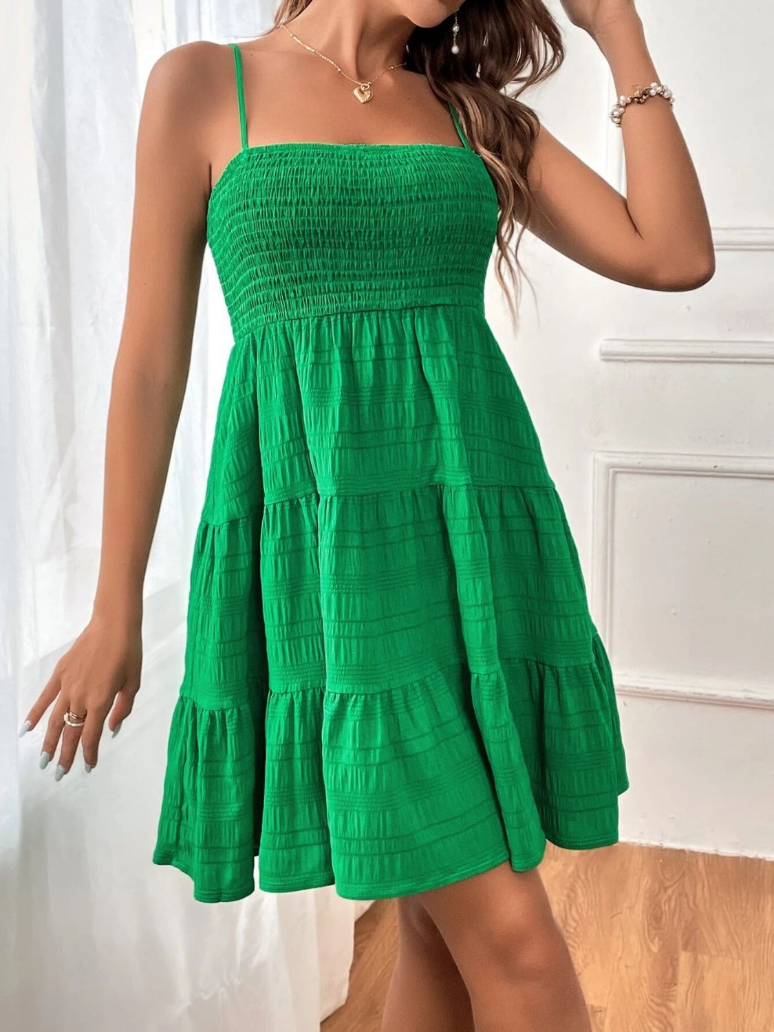 Tiered Smocked Square Neck Cami Dress-TOPS / DRESSES-[Adult]-[Female]-Green-S-2022 Online Blue Zone Planet