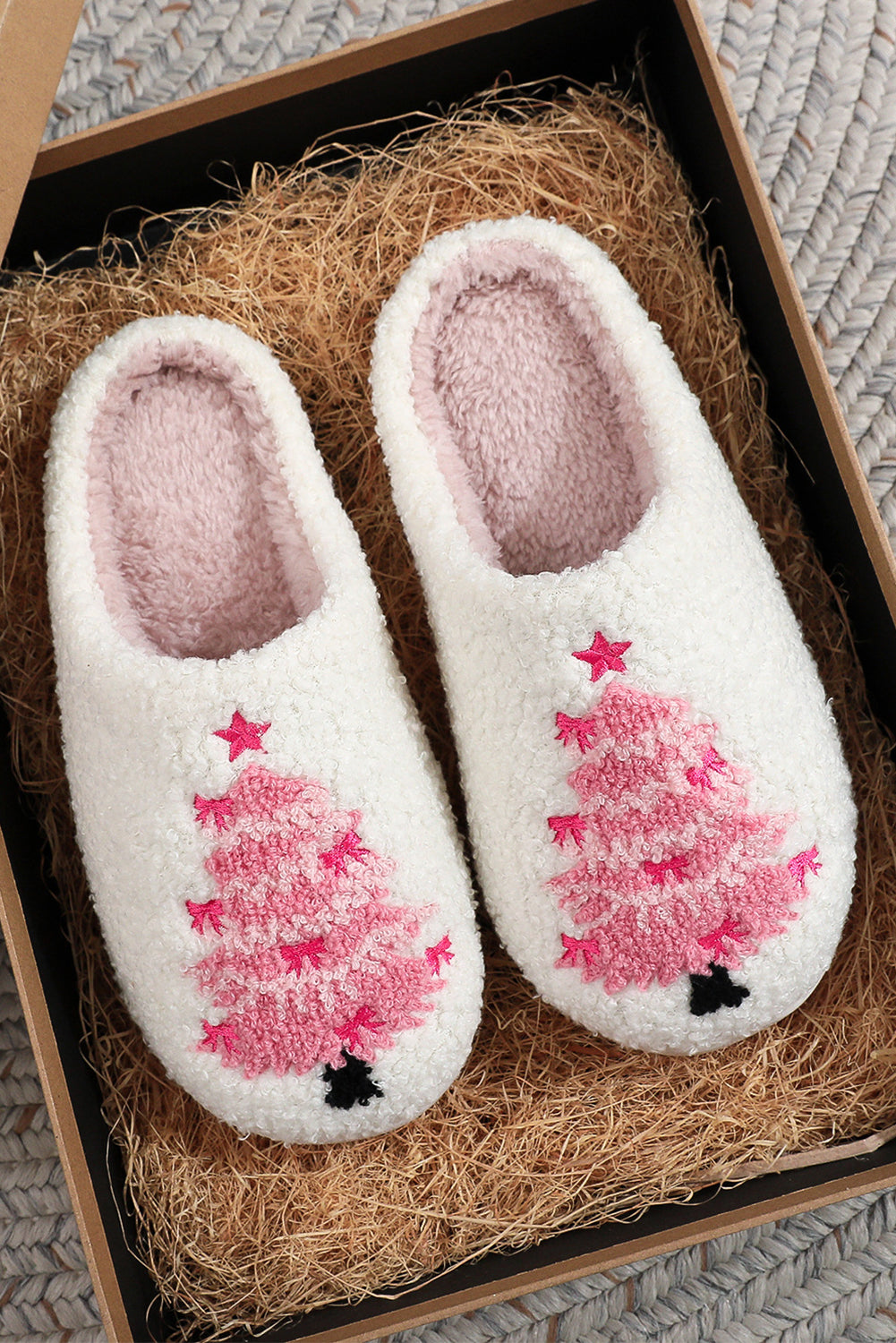 White Plush Christmas Tree Color Contrasted Liner House Slippers-Shoes & Bags/Slippers-[Adult]-[Female]-White-37-2022 Online Blue Zone Planet