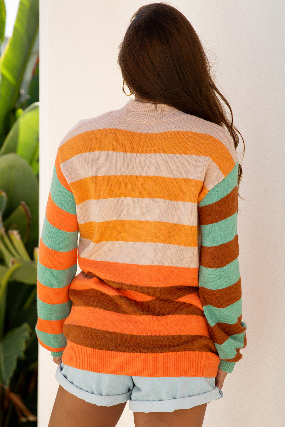 Orange Stripe Color Block High Neck Drop Shoulder Cozy Sweater-Sweaters & Cardigans/Sweaters-[Adult]-[Female]-2022 Online Blue Zone Planet
