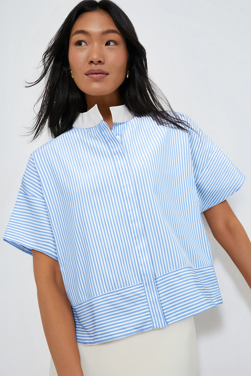 Sky Blue Stripe Contrast Collar Patchwork Hidden Button Short Sleeve Summer Shirt-Tops/Blouses & Shirts-[Adult]-[Female]-2022 Online Blue Zone Planet