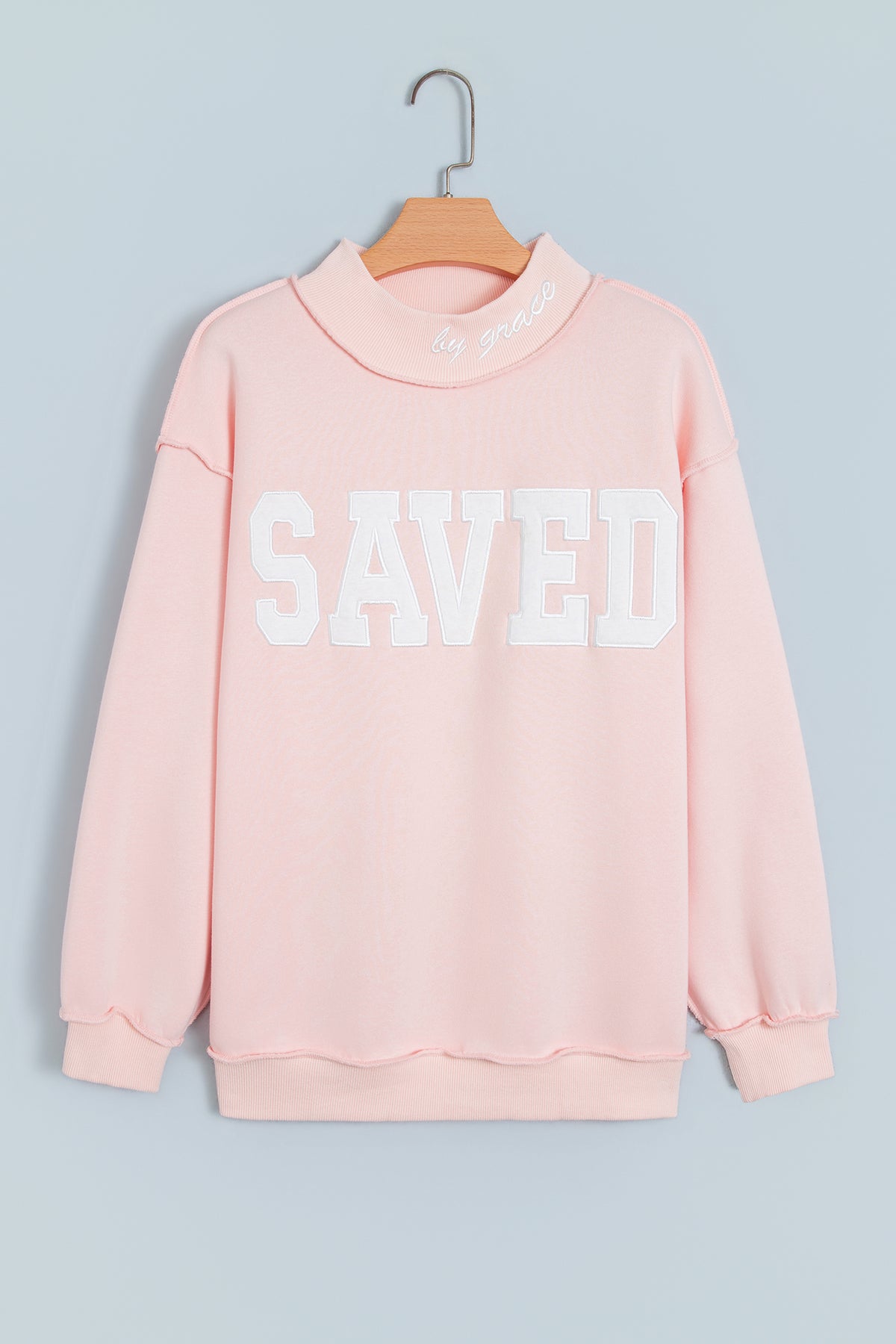 Gray Saved By Grace Embroidered Detail Letter Graphic High Neck Sweatshirt-Tops/Sweatshirts & Hoodies-[Adult]-[Female]-2022 Online Blue Zone Planet