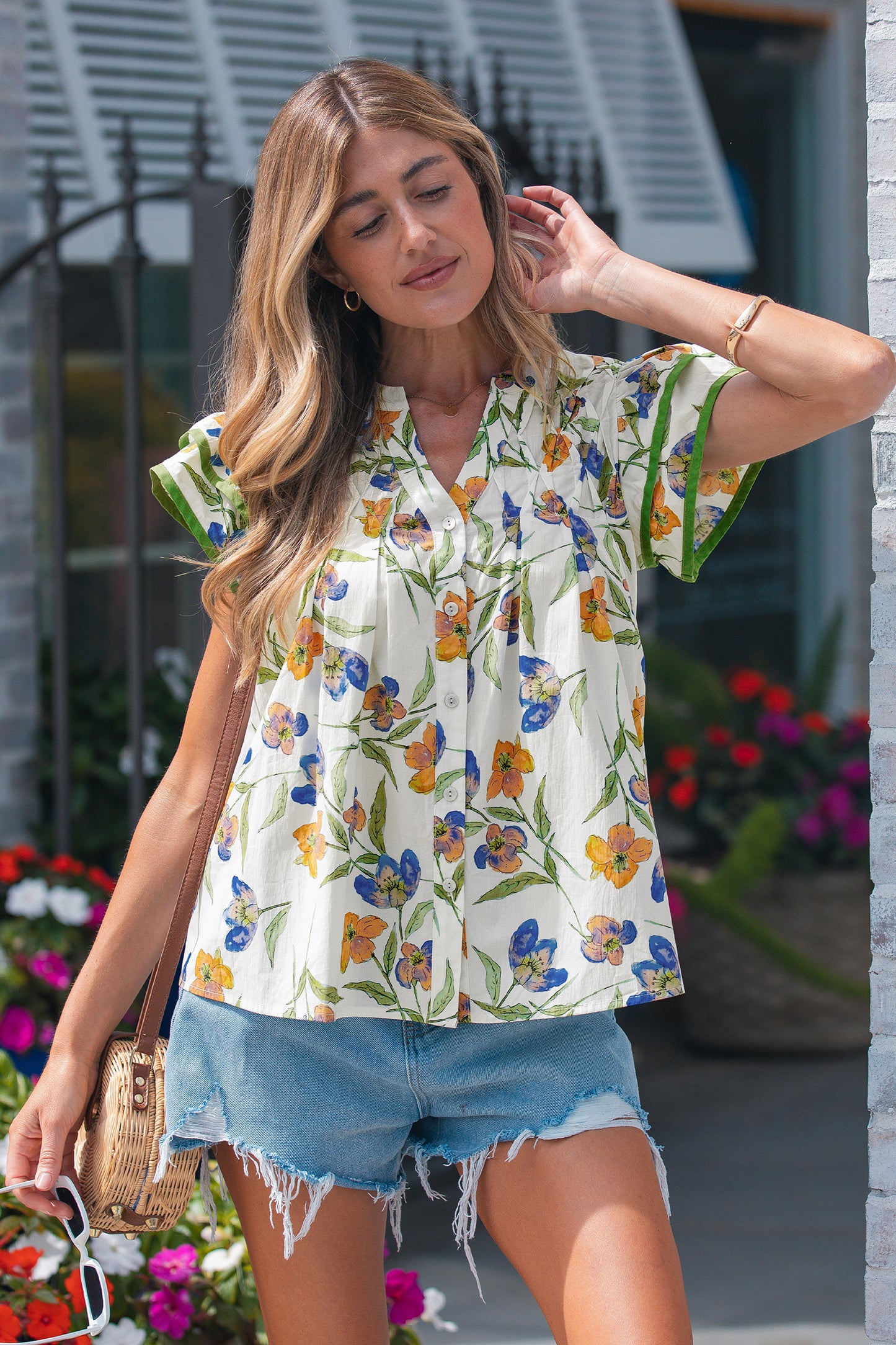 Green Floral Print Ruffle V-Neck Pressed Pleats Binding Tape Cotton Blouse-Tops/Blouses & Shirts-[Adult]-[Female]-2022 Online Blue Zone Planet