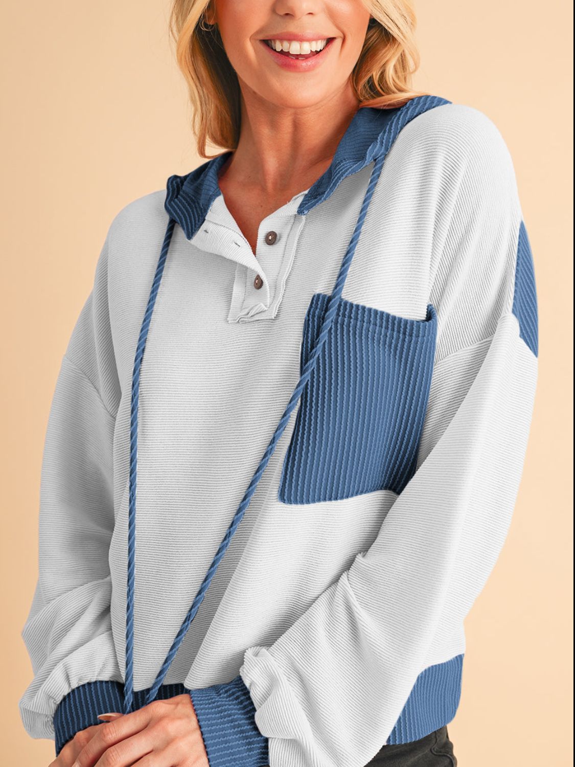 Blue Zone Planet | Corded Color Block Drawstring Hoodie-TOPS / DRESSES-[Adult]-[Female]-Blue-S-2022 Online Blue Zone Planet