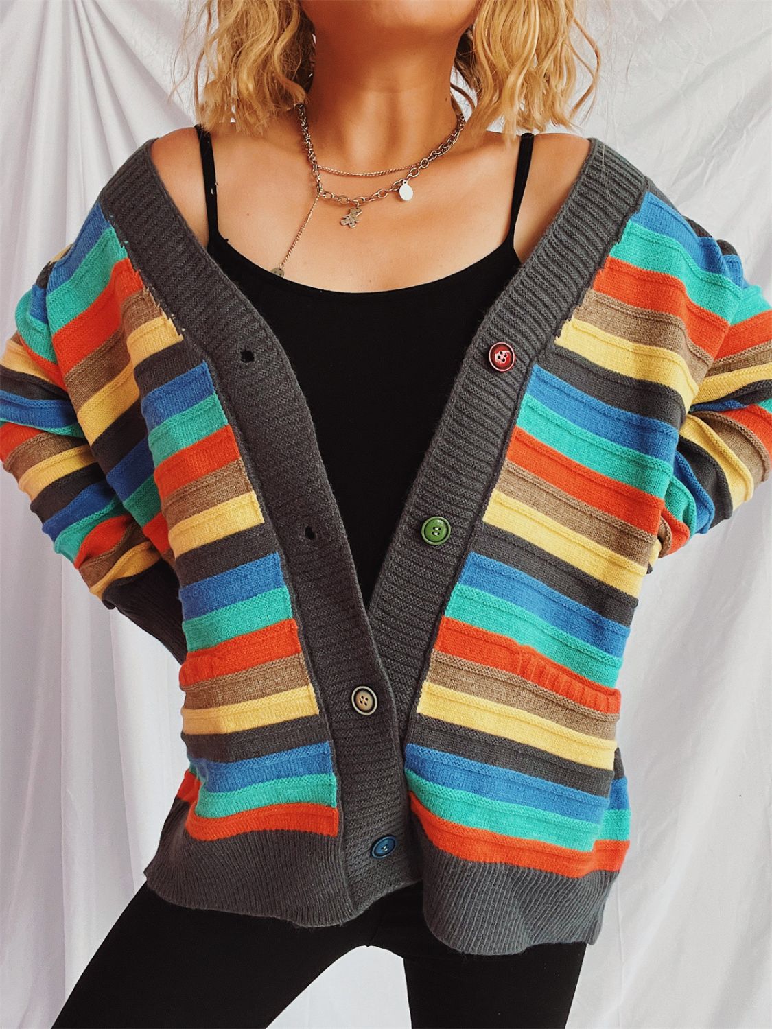 Contrast Stripes Button Up Long Sleeve Cardigan-TOPS / DRESSES-[Adult]-[Female]-2022 Online Blue Zone Planet