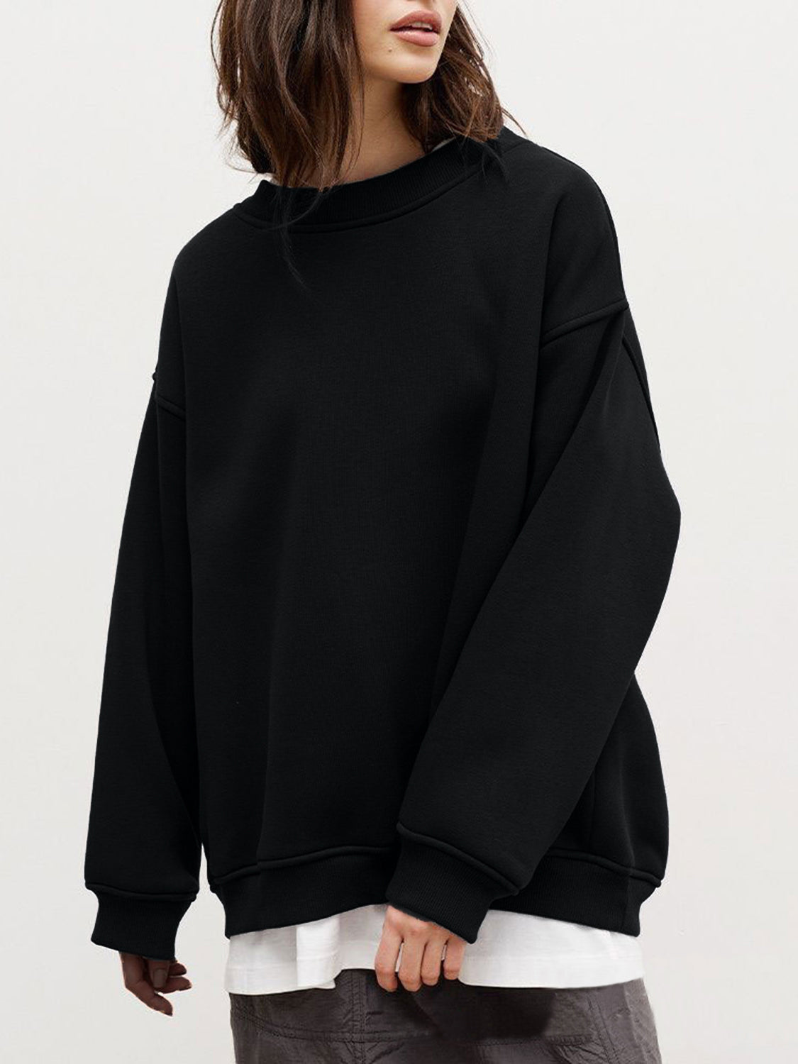 Round Neck Dropped Shoulder Long Sleeve Sweatshirt-TOPS / DRESSES-[Adult]-[Female]-Black-M-2022 Online Blue Zone Planet