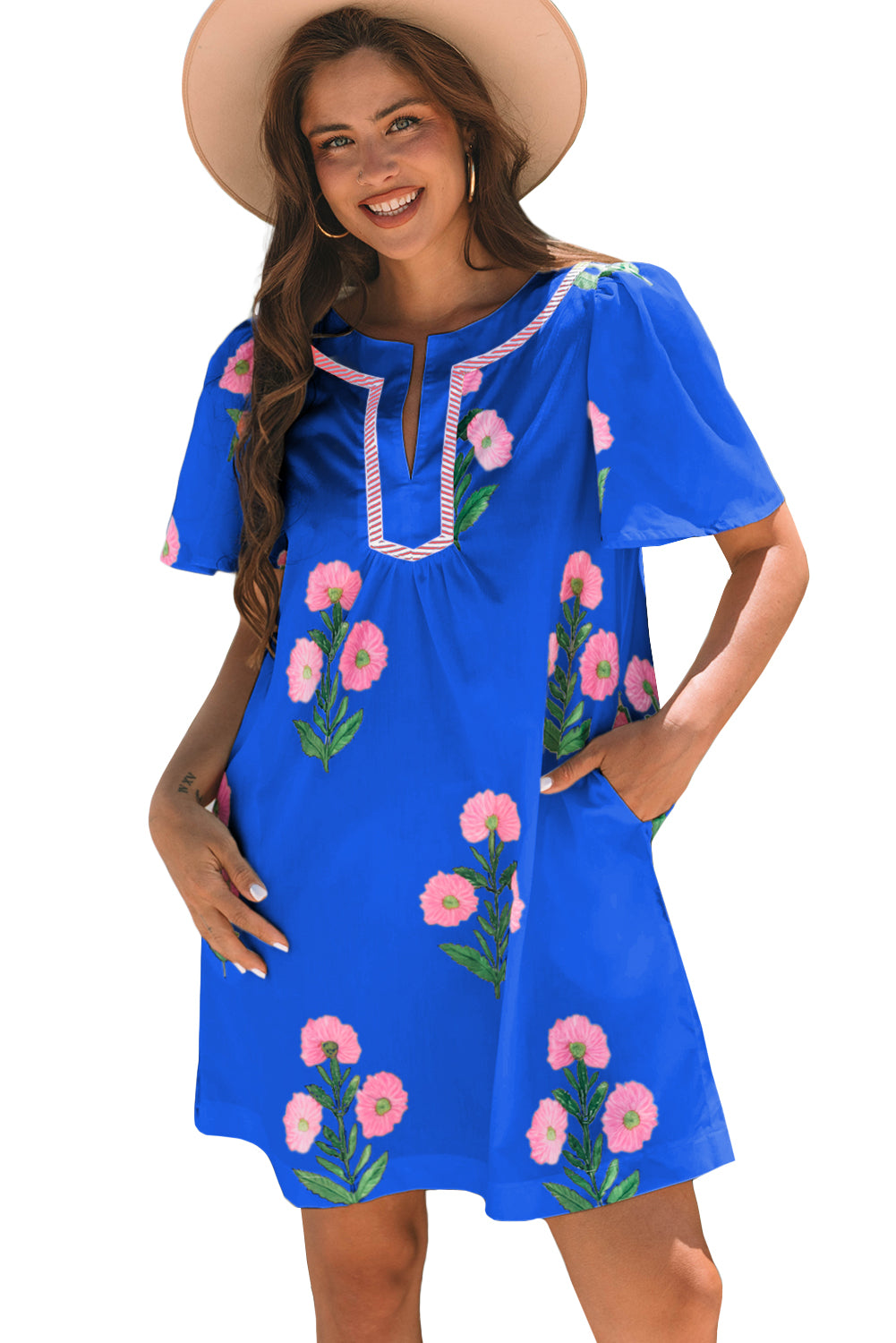 Blue Floral Short Sleeve Split Neck Loose Mini Dress-TOPS / DRESSES-[Adult]-[Female]-2022 Online Blue Zone Planet