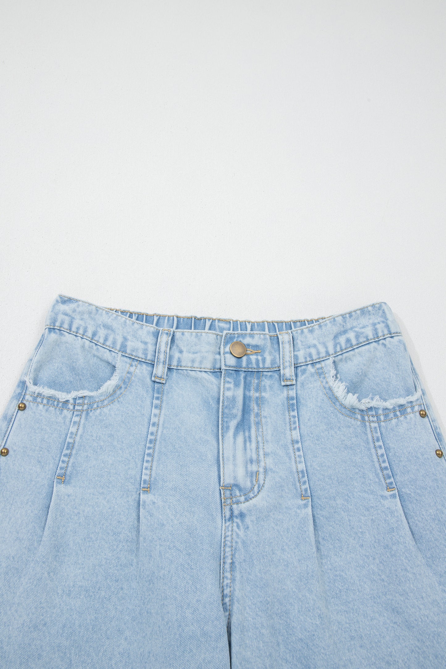 Beau Blue Studded Side Slit Leg Frayed Pocketed Wide Leg Jeans-Bottoms/Jeans-[Adult]-[Female]-2022 Online Blue Zone Planet