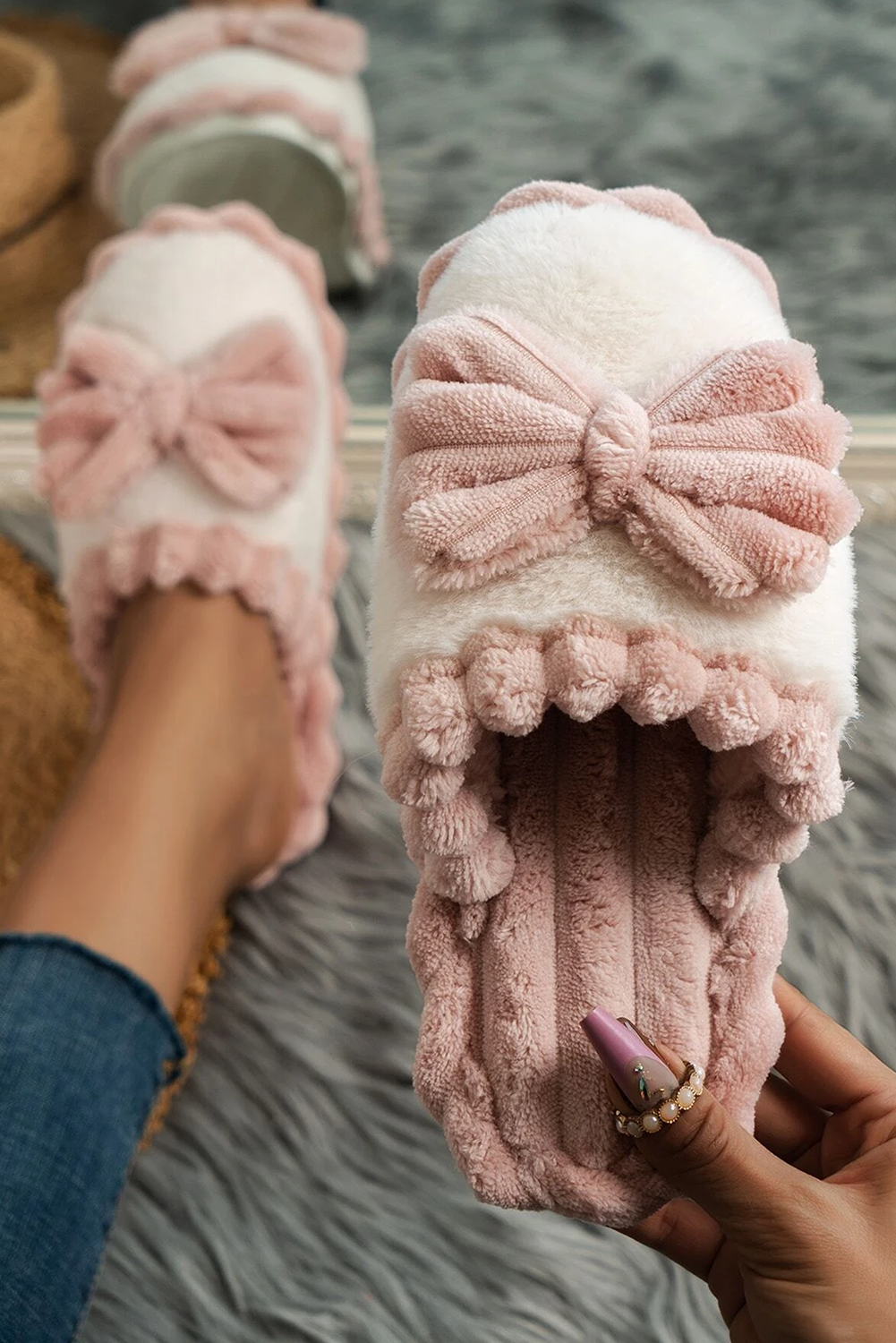 Fushia Bow Plush Winter Slipper-Slides Shoes + Flip Flops-[Adult]-[Female]-Fushia-37-2022 Online Blue Zone Planet