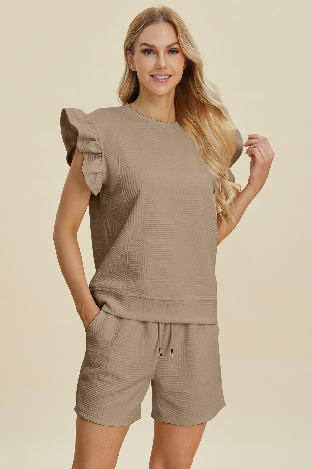 Blue Zone Planet | Double Take Full Size Texture Round Neck Ruffle Sleeve Top and Shorts Set-TOPS / DRESSES-[Adult]-[Female]-Khaki-S-2022 Online Blue Zone Planet