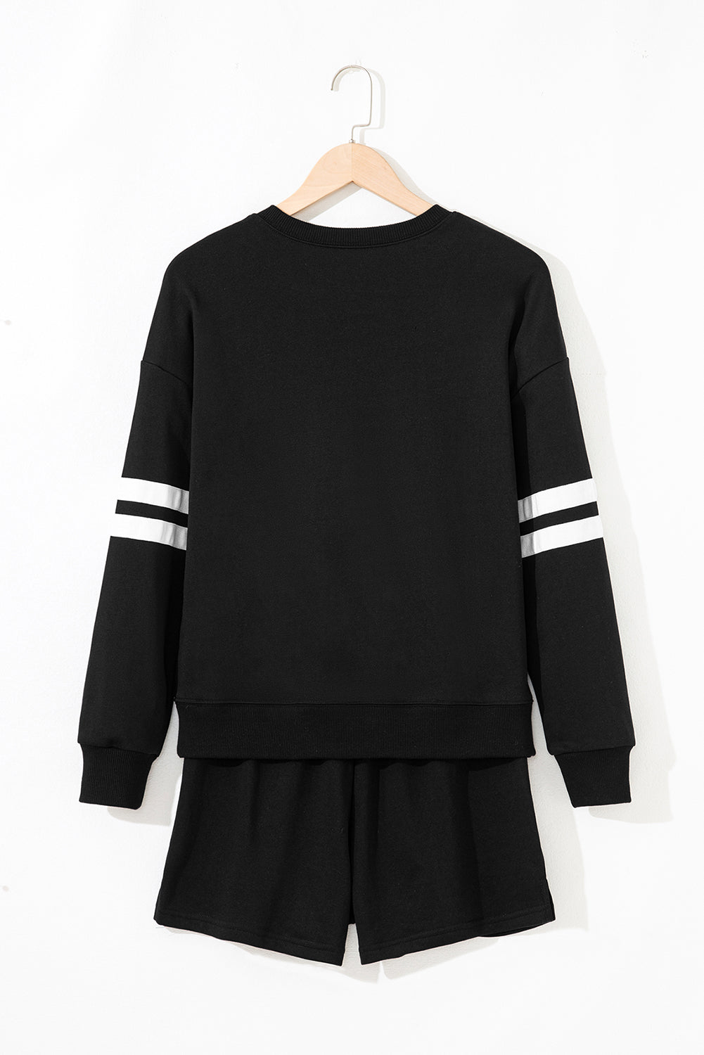 Black Varsity Striped Sleeve Drop Shoulder Sweatshirt and Short Set-Two Piece Sets/Short Sets-[Adult]-[Female]-2022 Online Blue Zone Planet