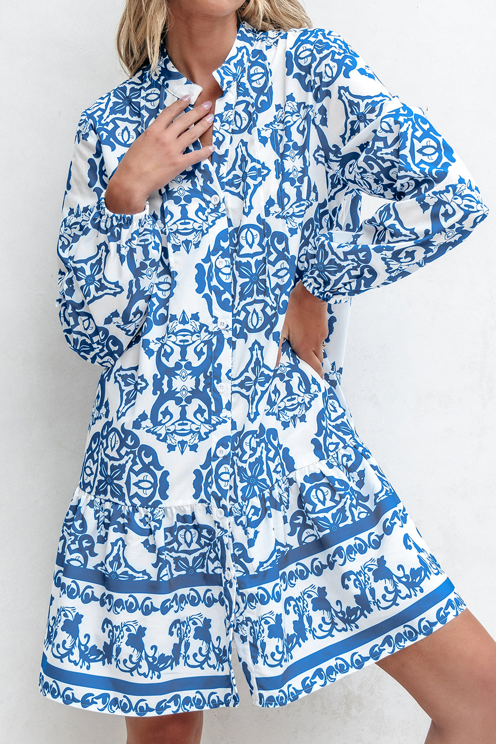 Blue Zone Planet | Sky Blue Tribal Print Button Up Notch Neck Loose Mini Dress-TOPS / DRESSES-[Adult]-[Female]-2022 Online Blue Zone Planet