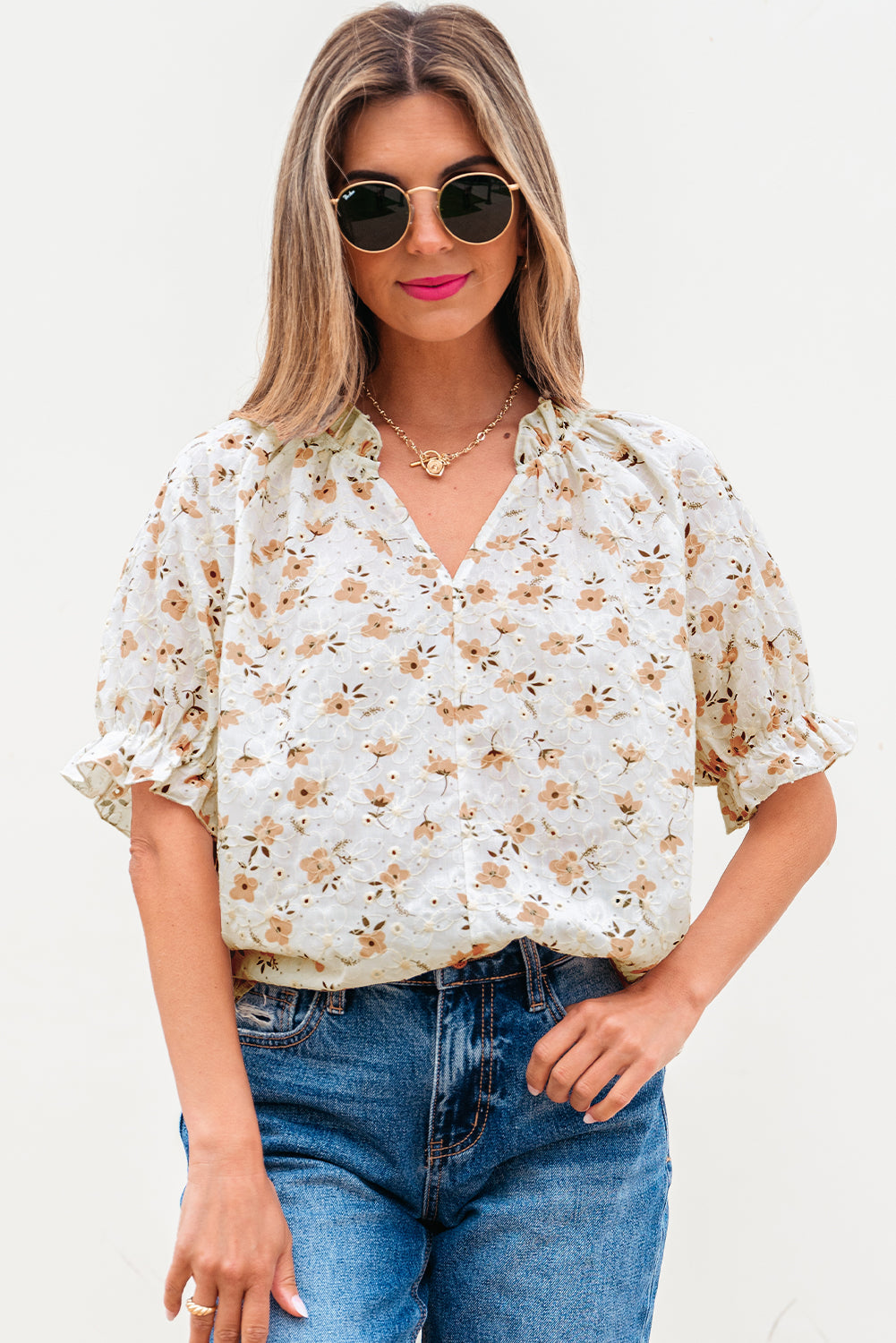 White Floral Eyelet Embroidered Puff Sleeve Notch V Neck Blouse-Tops/Blouses & Shirts-[Adult]-[Female]-2022 Online Blue Zone Planet