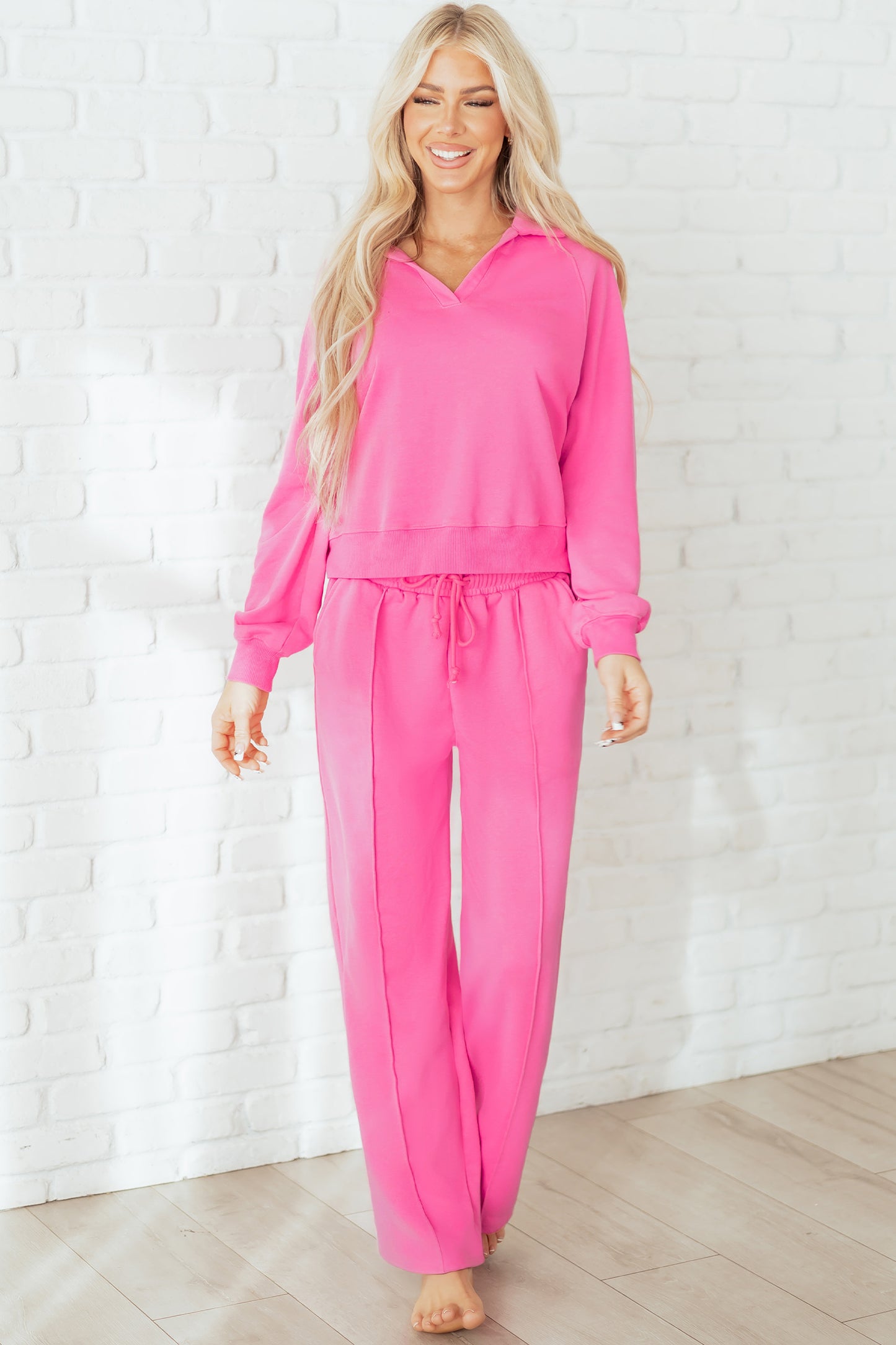 Sachet Pink Solid Color Collared Pullover and Central Seam Pants Set-Two Piece Sets/Pant Sets-[Adult]-[Female]-2022 Online Blue Zone Planet