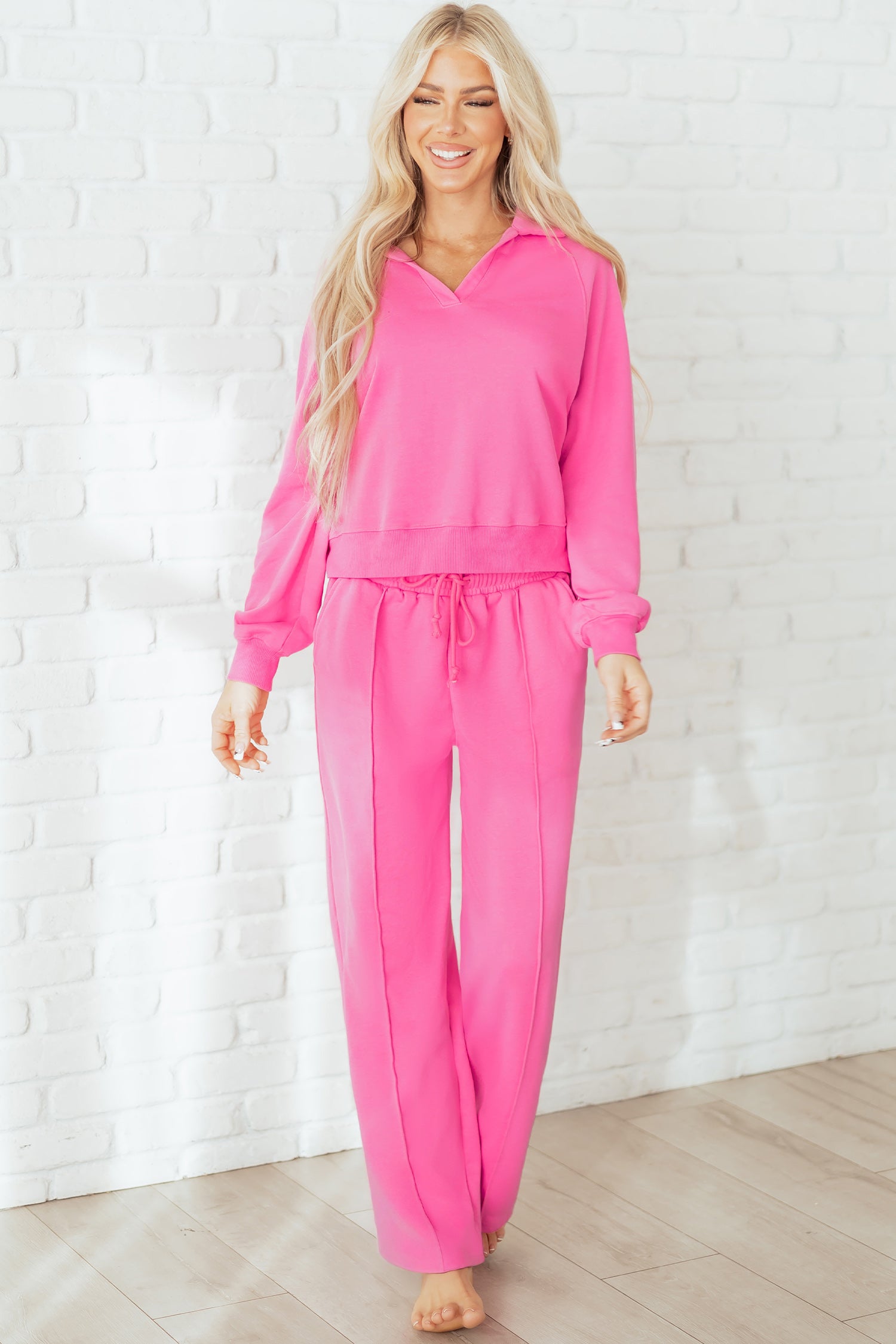 Sachet Pink Solid Color Collared Pullover and Central Seam Pants Set-Two Piece Sets/Pant Sets-[Adult]-[Female]-2022 Online Blue Zone Planet