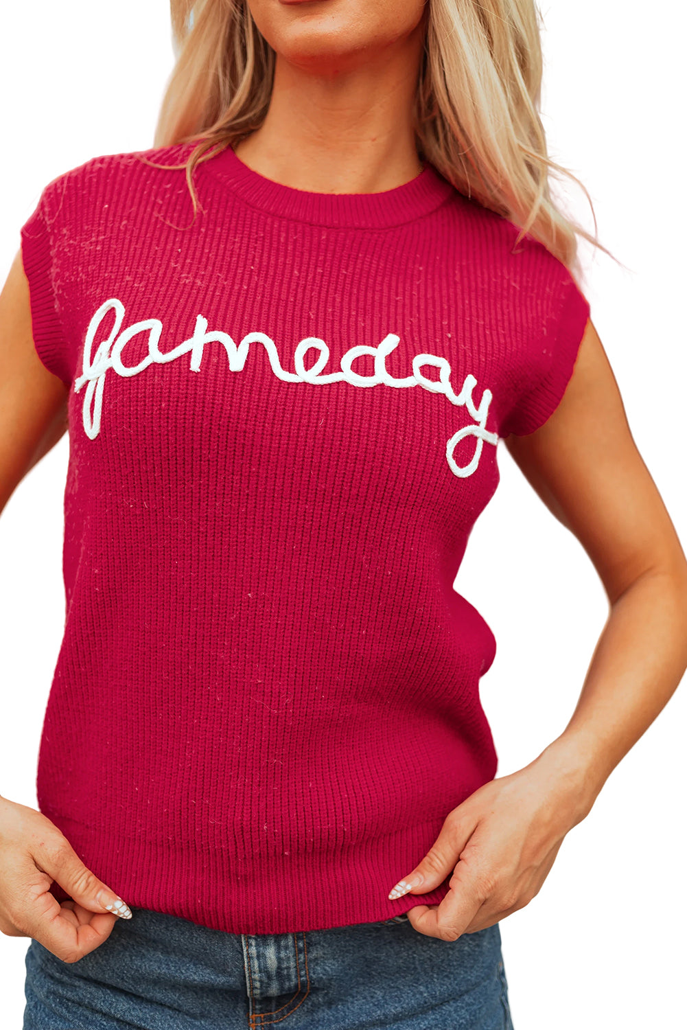 Blue Zone Planet | Racing Red Game Day Rugby Football Season Sweater Vest-Sweaters & Cardigans/Sweater Vests-[Adult]-[Female]-2022 Online Blue Zone Planet