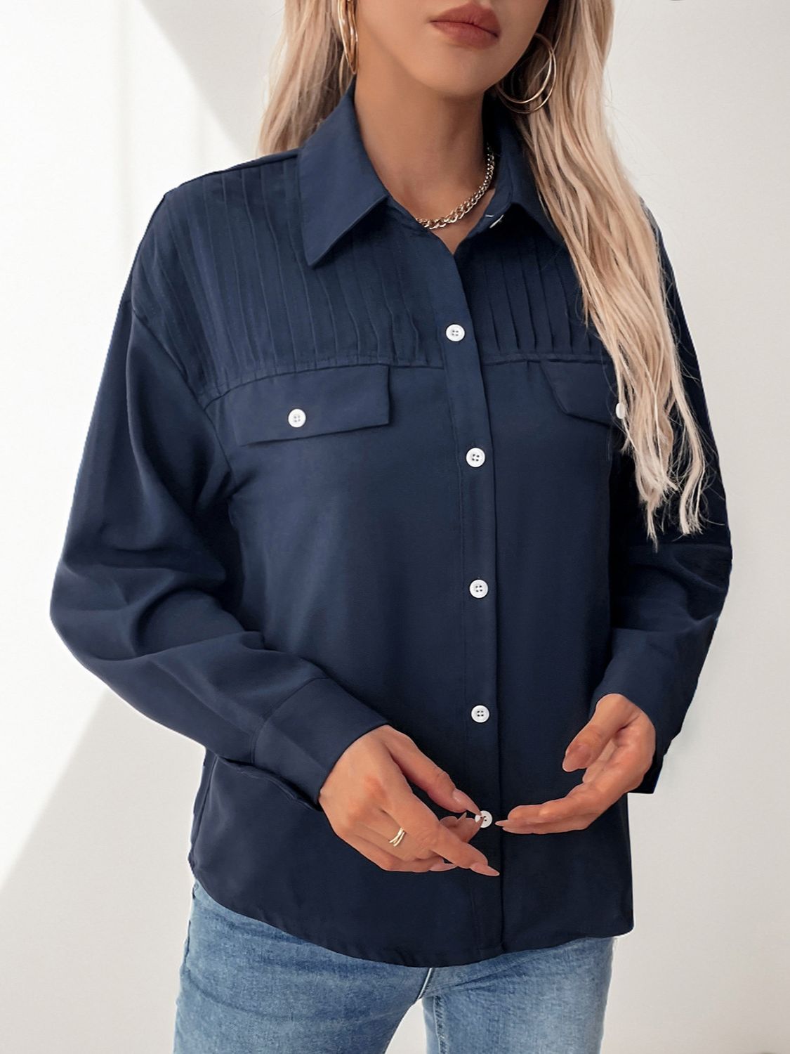 Perfee Buttoned Down Long Sleeve Shirt-TOPS / DRESSES-[Adult]-[Female]-2022 Online Blue Zone Planet