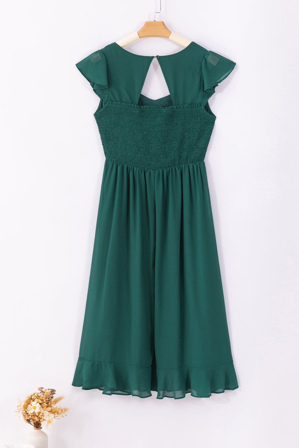 Sea Green Shirred Open Back Sweetheart Neck Ruffled Midi Dress Blue Zone Planet