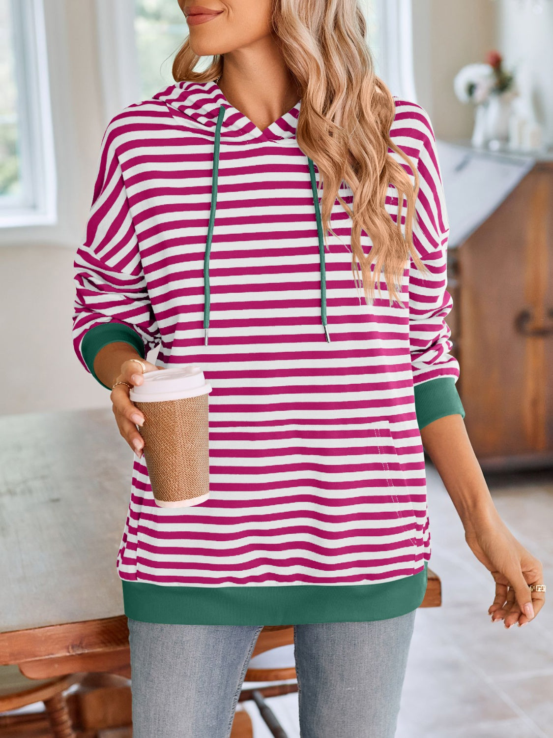 Lovelet Drawstring Striped Long Sleeve Hoodie-HOODIES-[Adult]-[Female]-2022 Online Blue Zone Planet