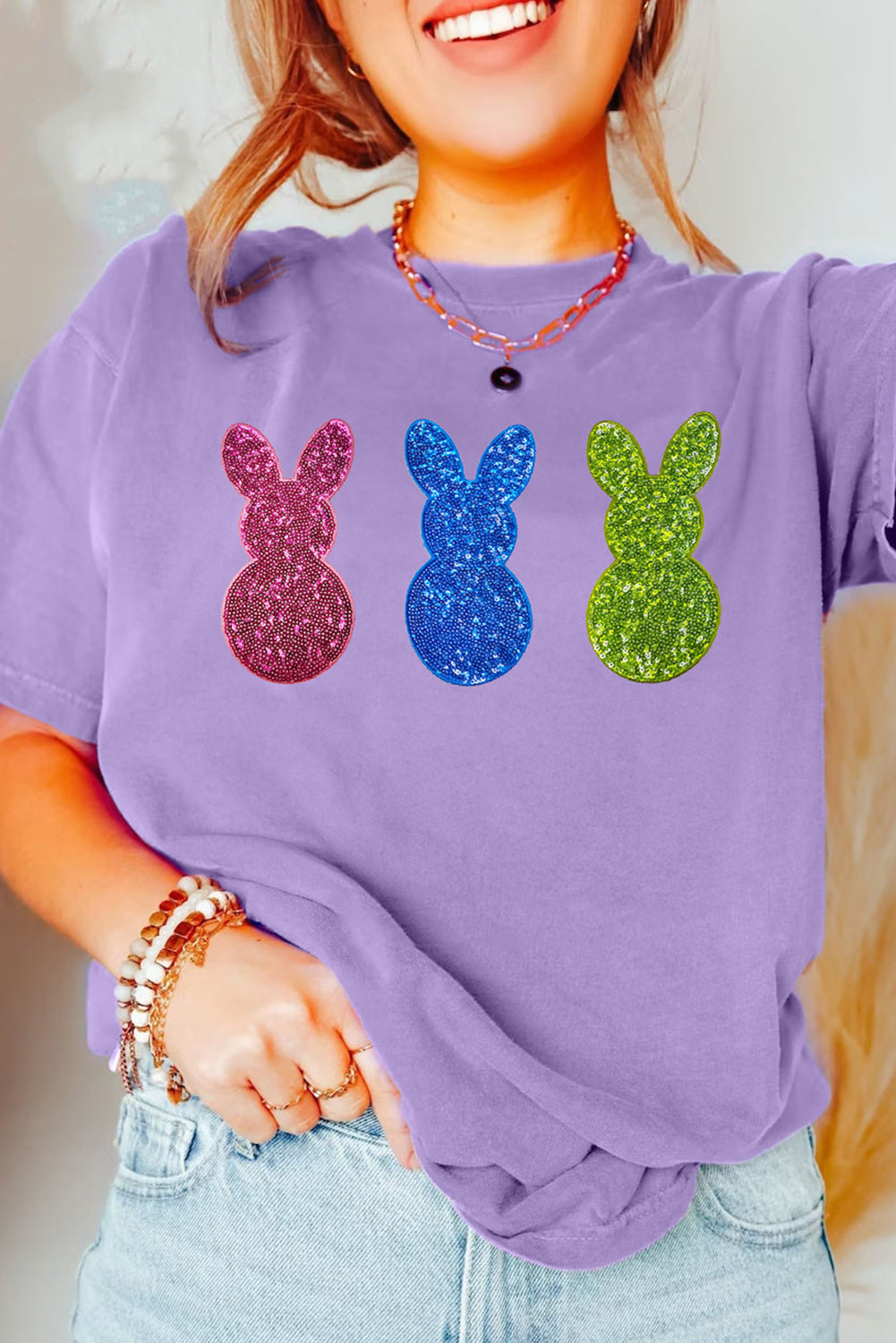 Wisteria Easter Shiny Bunny Graphic Crewneck T Shirt-Graphic/Graphic Tees-[Adult]-[Female]-2022 Online Blue Zone Planet