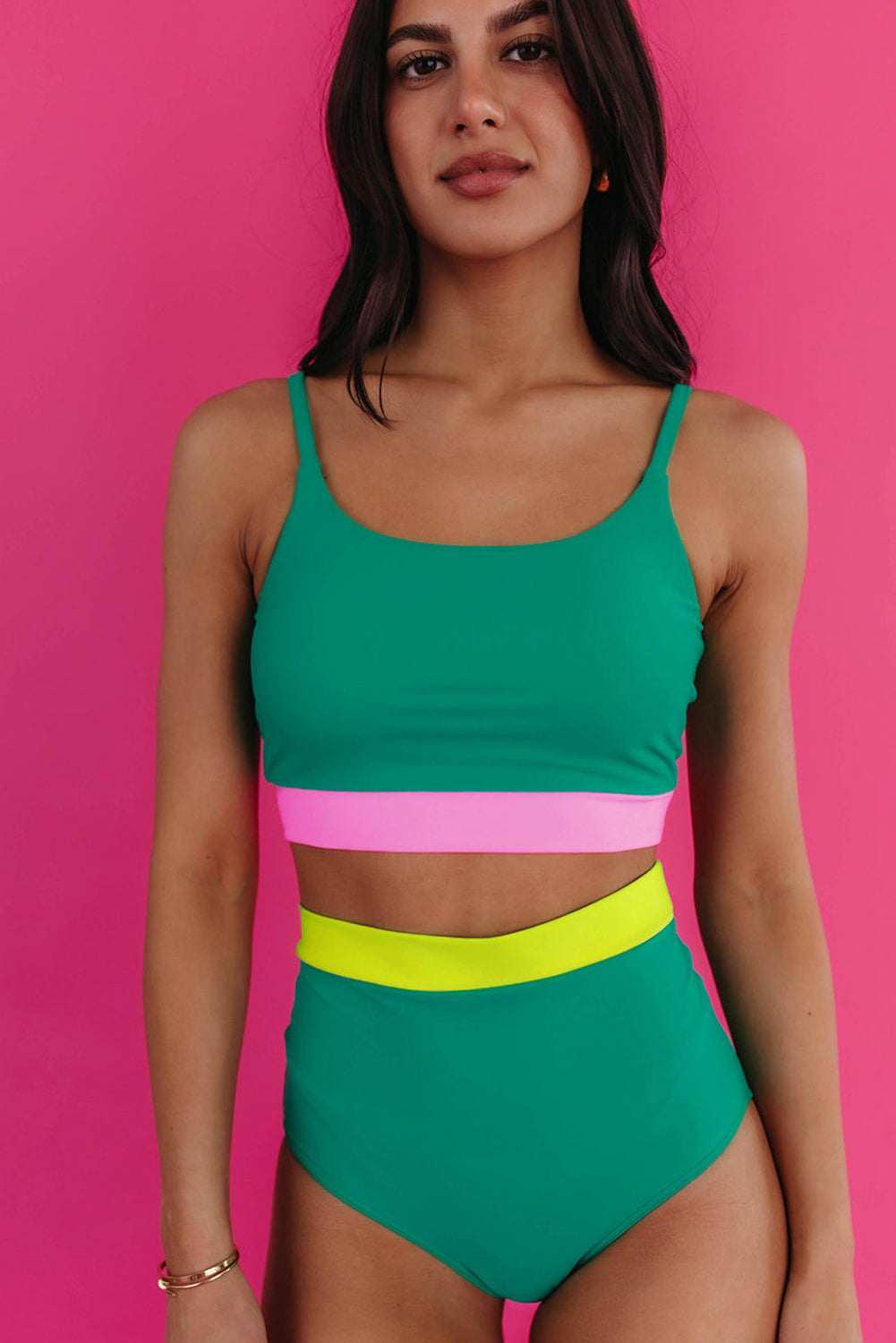 Sea Green Contrast Trim Colorblock High-Waisted Bikini Swimwear-Bikini Sets-[Adult]-[Female]-2022 Online Blue Zone Planet