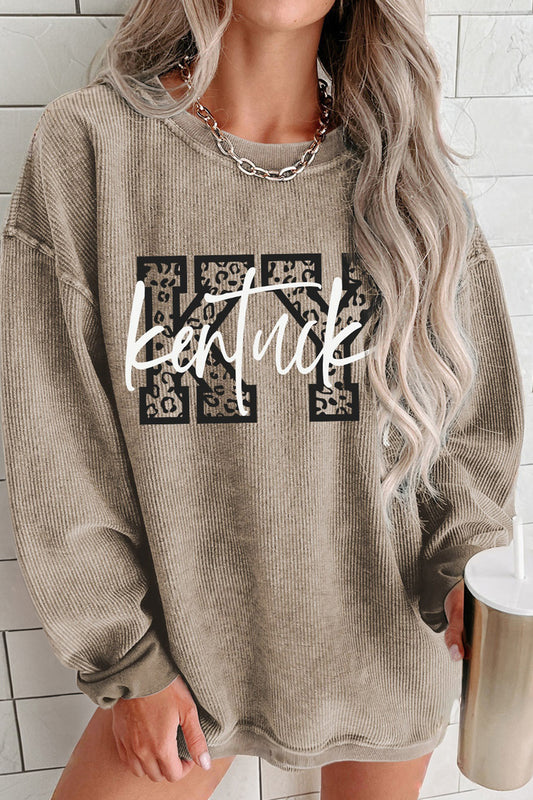 Khaki Kentucky KY Leopard Lettering Ribbed Baggy Sweatshirt-Graphic/Graphic Sweatshirts-[Adult]-[Female]-Khaki-S-2022 Online Blue Zone Planet
