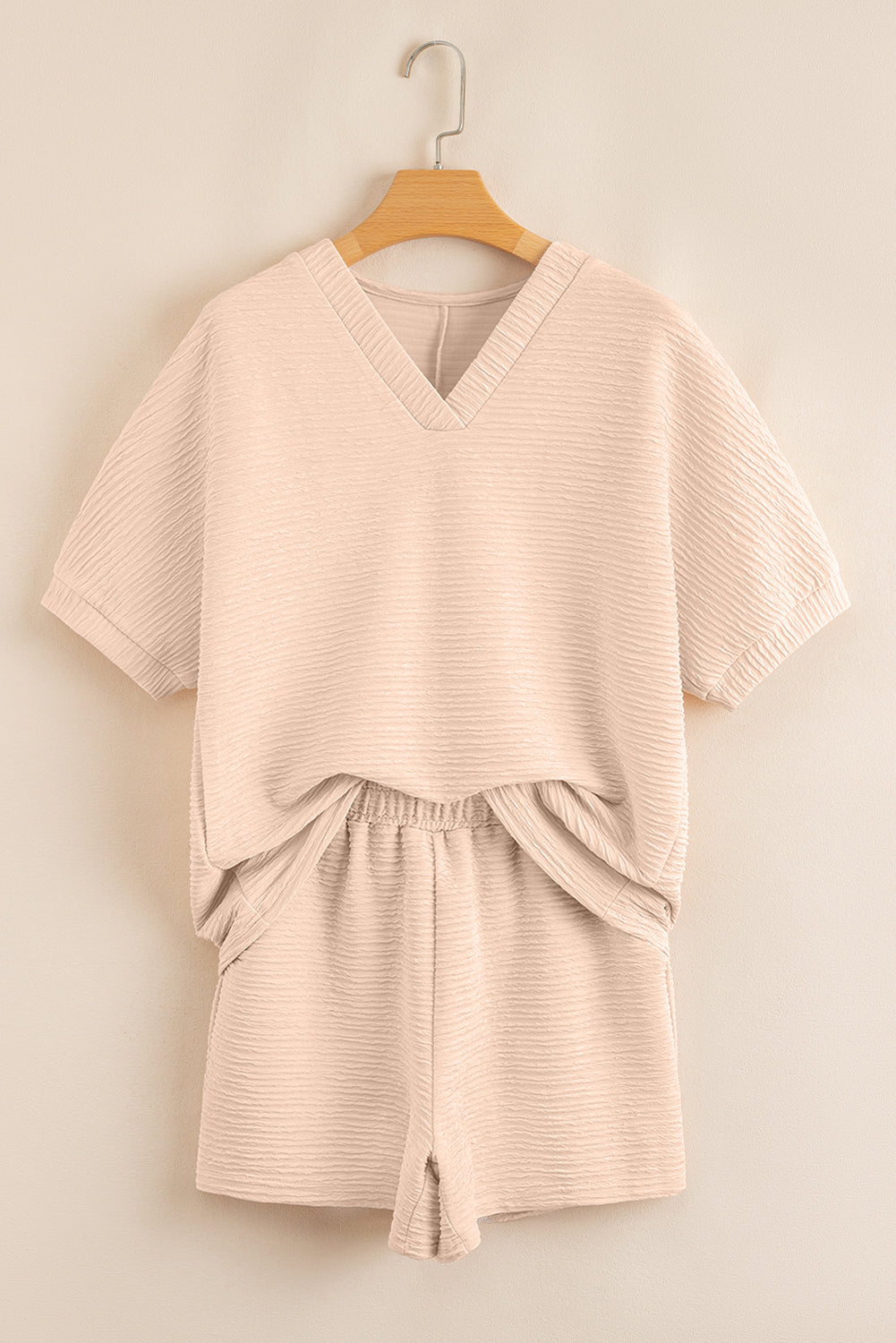 Apricot Textured V Neck T Shirt And Shorts Set-Two Piece Sets/Short Sets-[Adult]-[Female]-2022 Online Blue Zone Planet