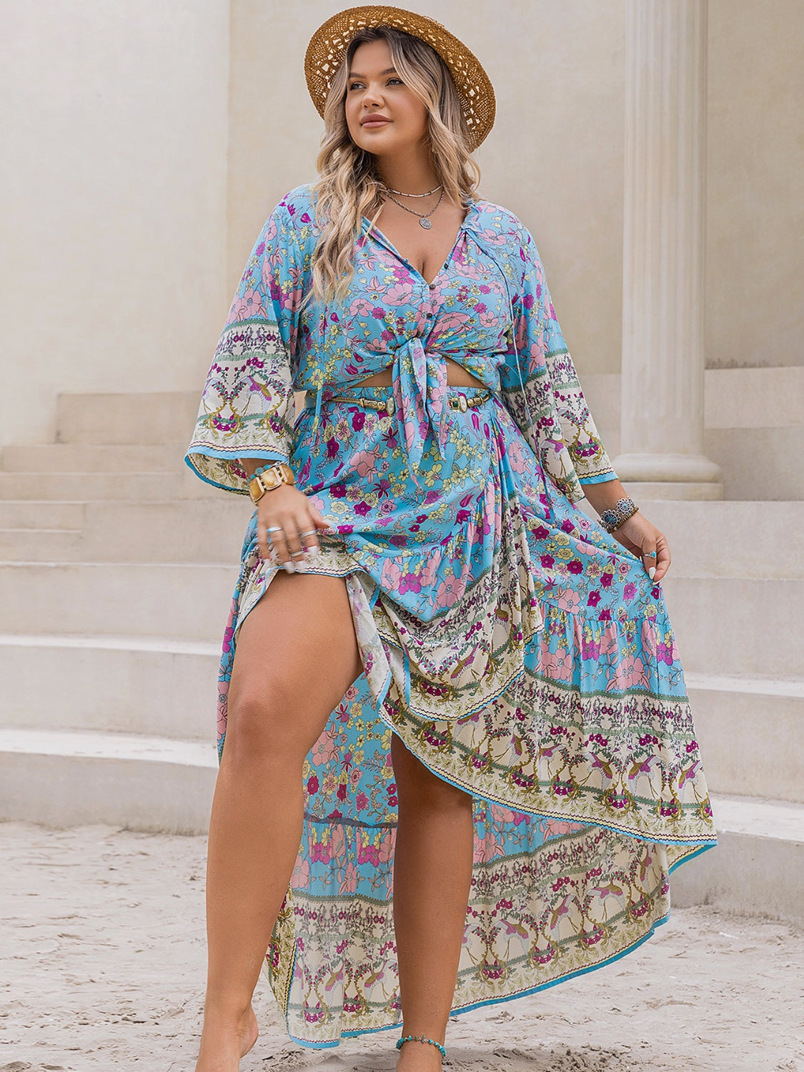 Blue Zone Planet | Plus Size Printed Tie Neck Top and Skirt Set-TOPS / DRESSES-[Adult]-[Female]-2022 Online Blue Zone Planet