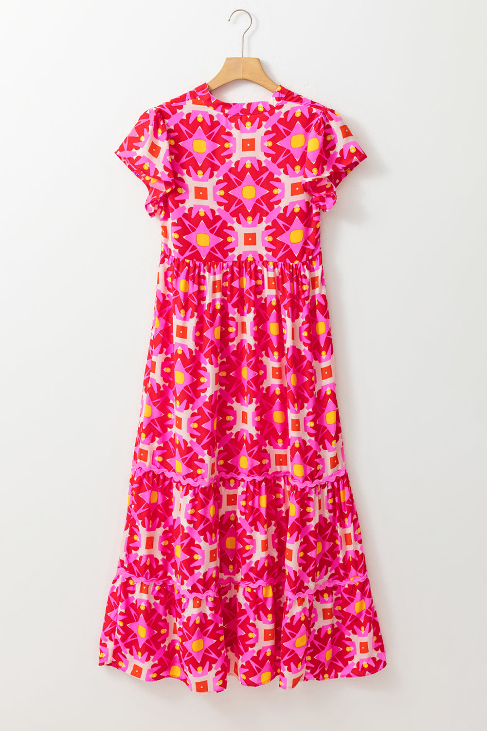 Blue Zone Planet | Strawberry Pink Geo Print V-neck Maxi Dress-TOPS / DRESSES-[Adult]-[Female]-2022 Online Blue Zone Planet