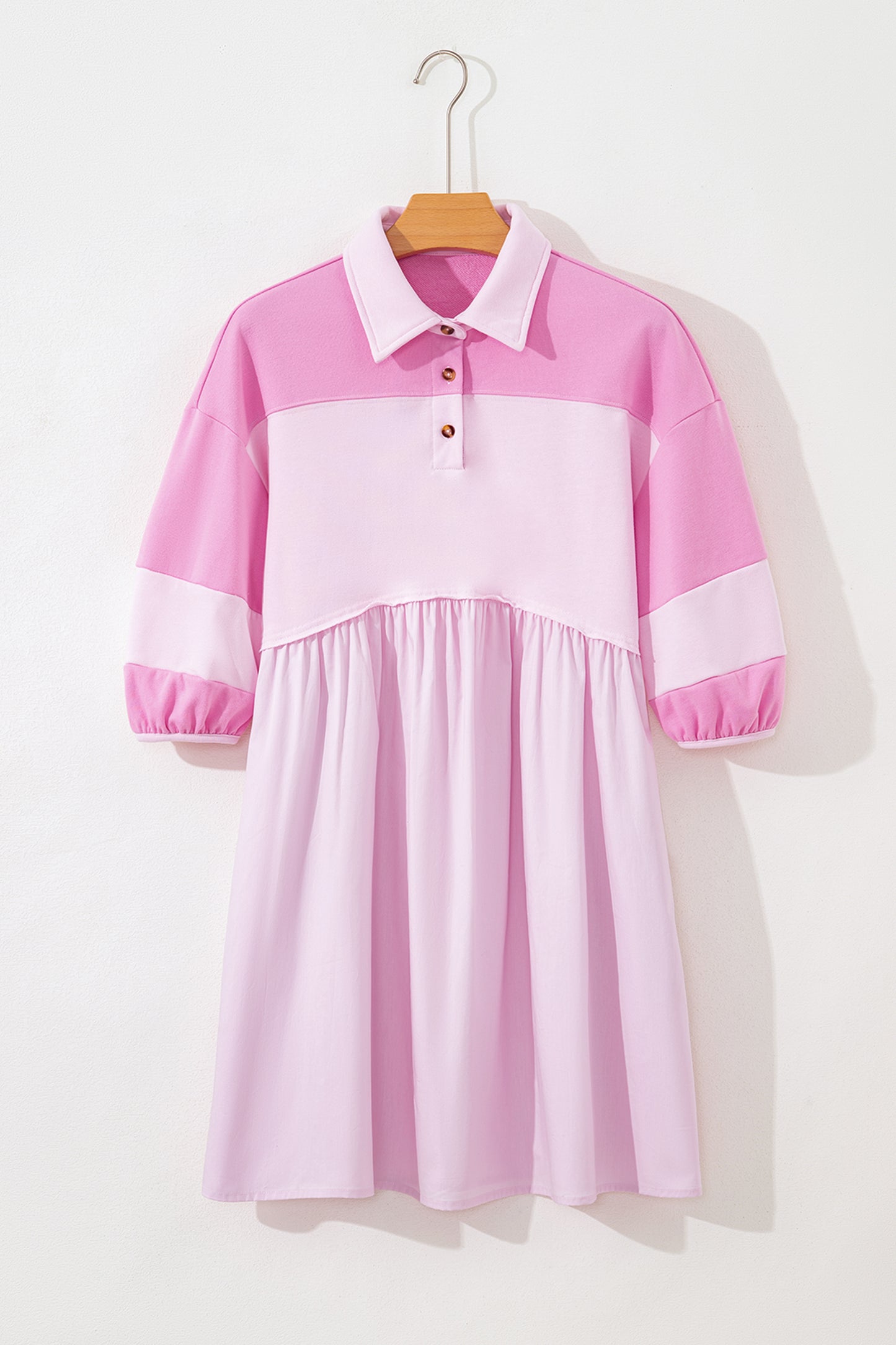 Pink Raw Seam Color Block Patchwork Button Polo Collar Mini Dress-TOPS / DRESSES-[Adult]-[Female]-2022 Online Blue Zone Planet
