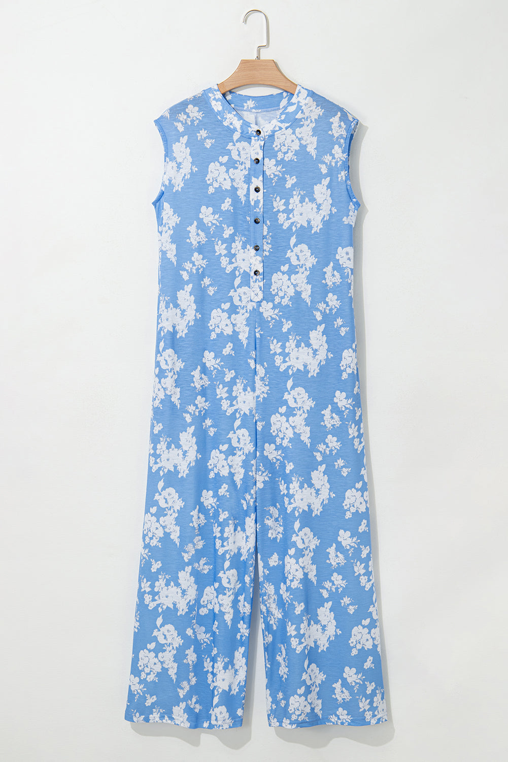 Myosotis Floral Print Half Button Wide Leg Relaxed Sleeveless Jumpsuit-Bottoms/Jumpsuits & Rompers-[Adult]-[Female]-2022 Online Blue Zone Planet