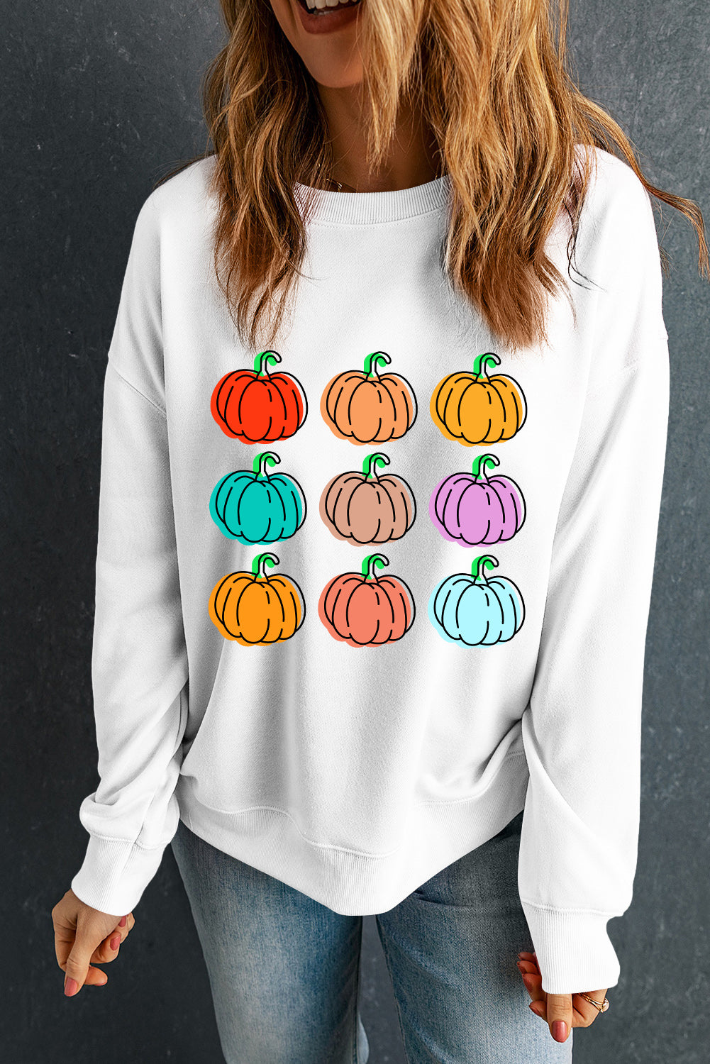 Blue Zone Planet | Pumpkin Graphic Long Sleeve Sweatshirt-TOPS / DRESSES-[Adult]-[Female]-2022 Online Blue Zone Planet