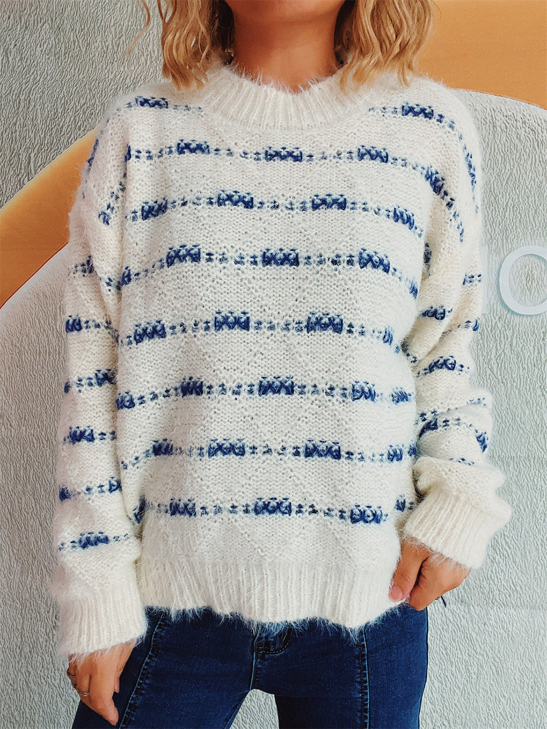 Striped Round Neck Long Sleeve Sweater-TOPS / DRESSES-[Adult]-[Female]-2022 Online Blue Zone Planet