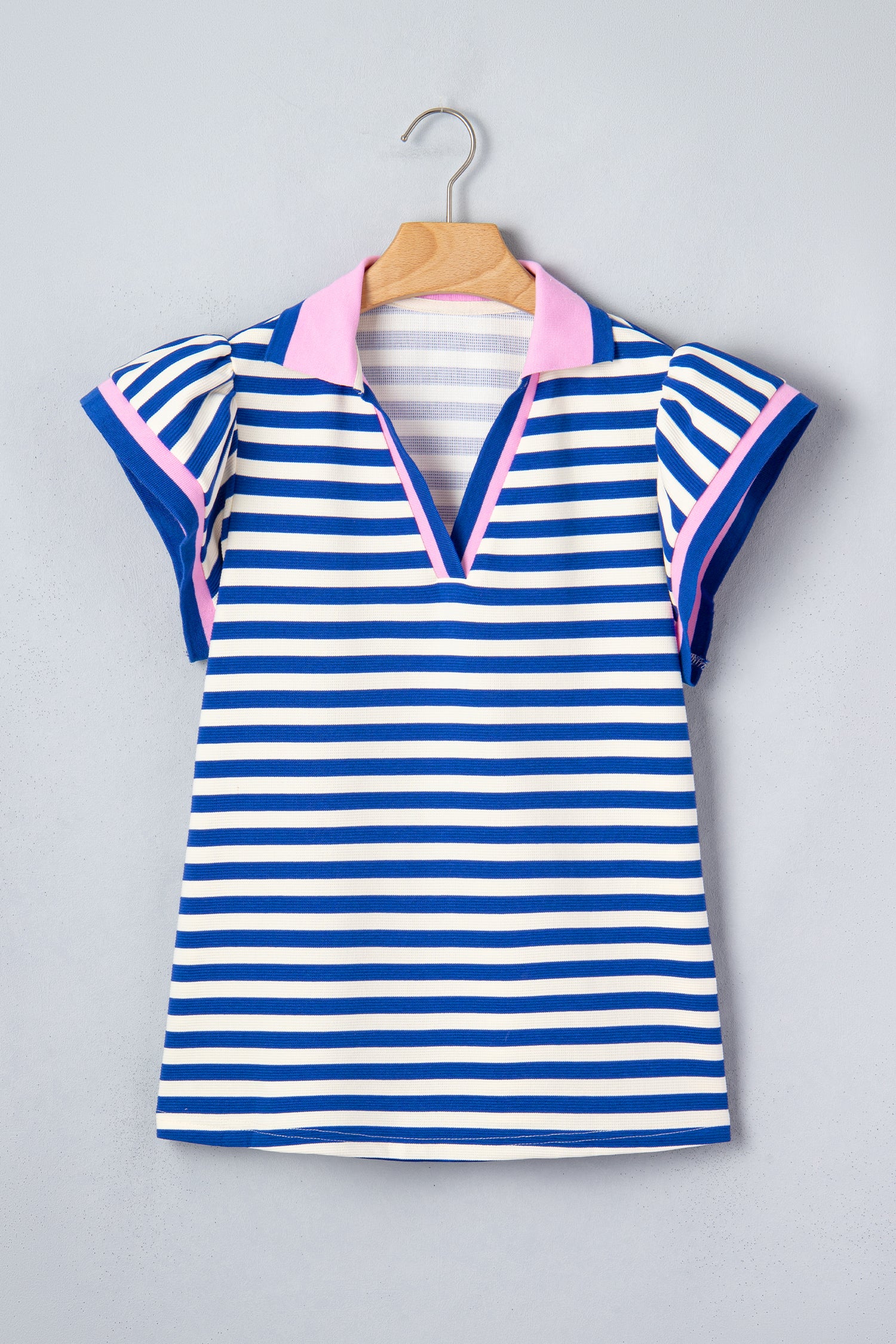 Rose Stripe Contrast Trim Polo Collar Ruffled Short Sleeve Blouse-Tops/Blouses & Shirts-[Adult]-[Female]-2022 Online Blue Zone Planet