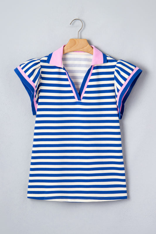 Rose Stripe Contrast Trim Polo Collar Ruffled Short Sleeve Blouse-Tops/Blouses & Shirts-[Adult]-[Female]-2022 Online Blue Zone Planet