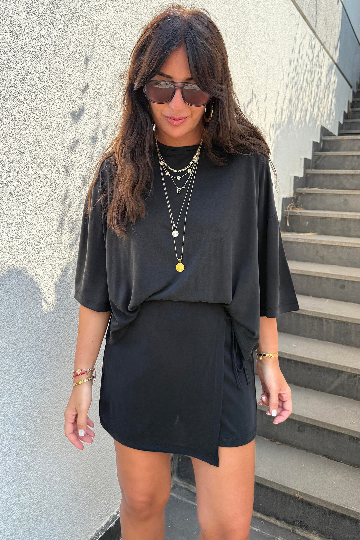 Black Solid Color Oversize Tee Tie Wrap Mini Skort 2pcs Set-Two Piece Sets/Two Piece Dresses-[Adult]-[Female]-2022 Online Blue Zone Planet