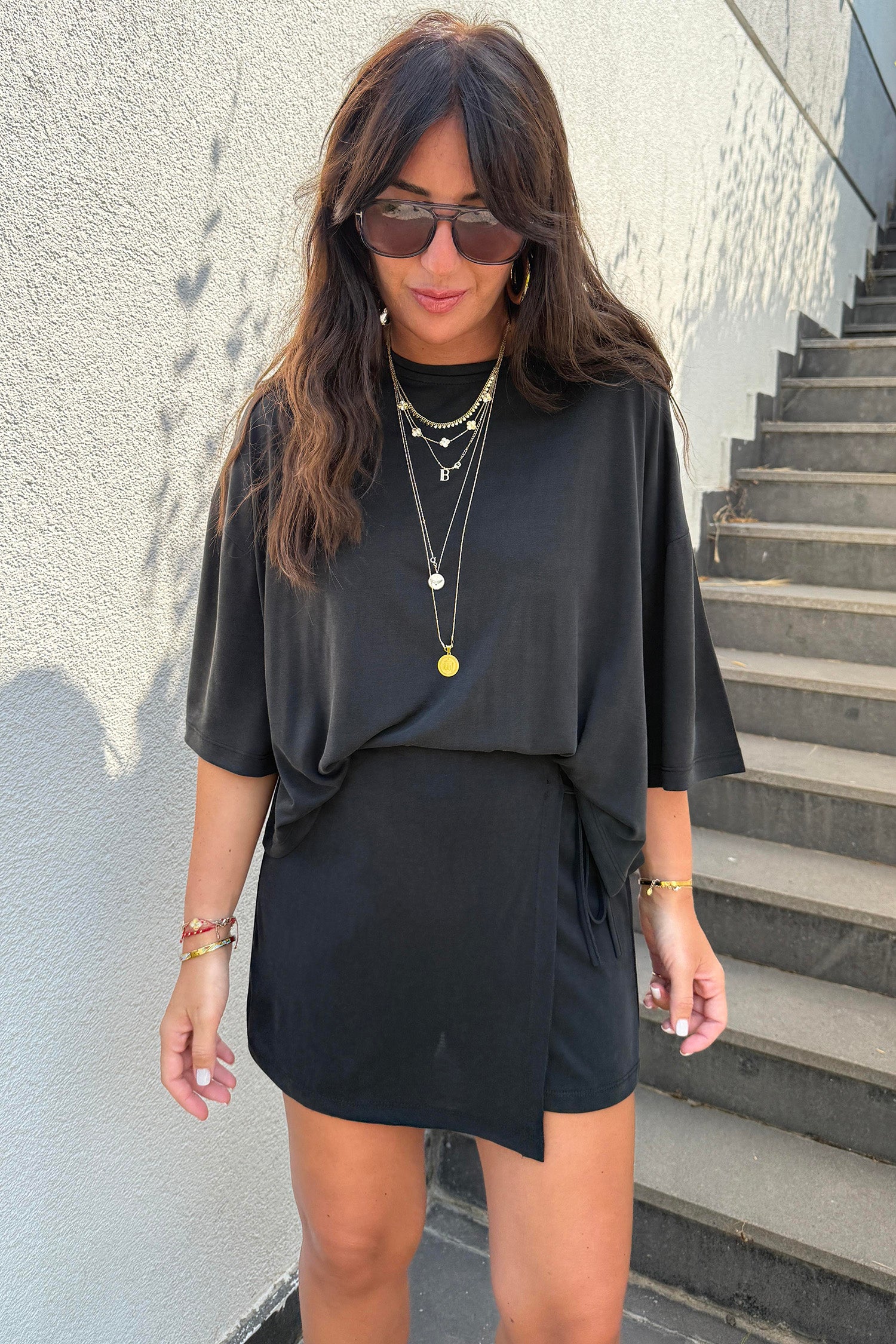 Black Solid Color Oversize Tee Tie Wrap Mini Skort 2pcs Set-Two Piece Sets/Two Piece Dresses-[Adult]-[Female]-2022 Online Blue Zone Planet