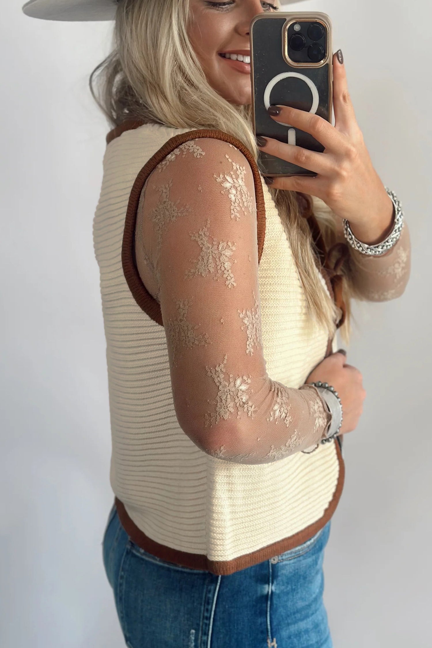 White Horizontal Ribbed Knit Contrast Trim Ties Front Sweater Vest-TOPS / DRESSES-[Adult]-[Female]-2022 Online Blue Zone Planet