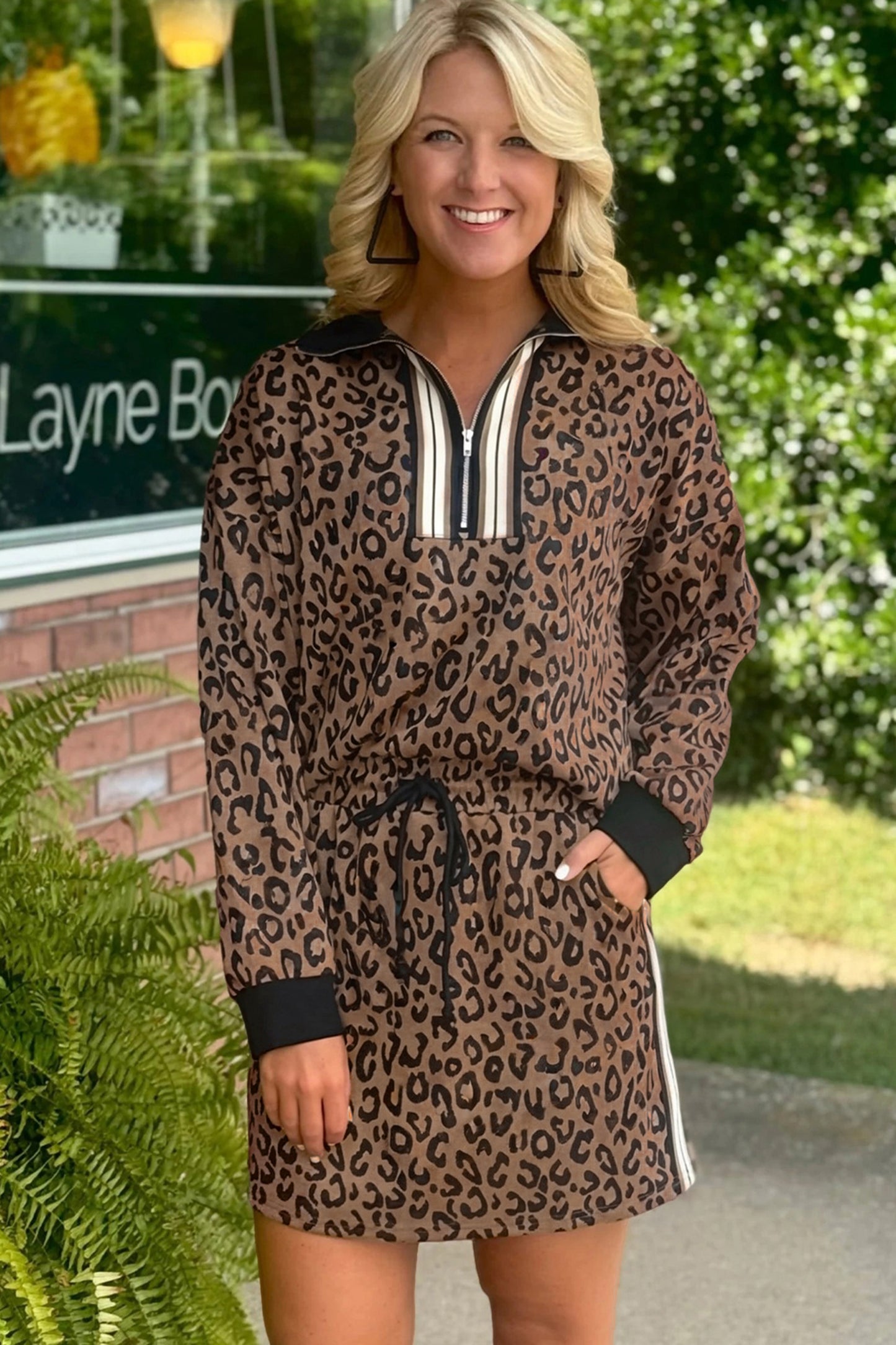 Khaki Leopard Print Quarter Zip Long Sleeve Top Mini Skirt Set-Two Piece Sets/Two Piece Dresses-[Adult]-[Female]-2022 Online Blue Zone Planet