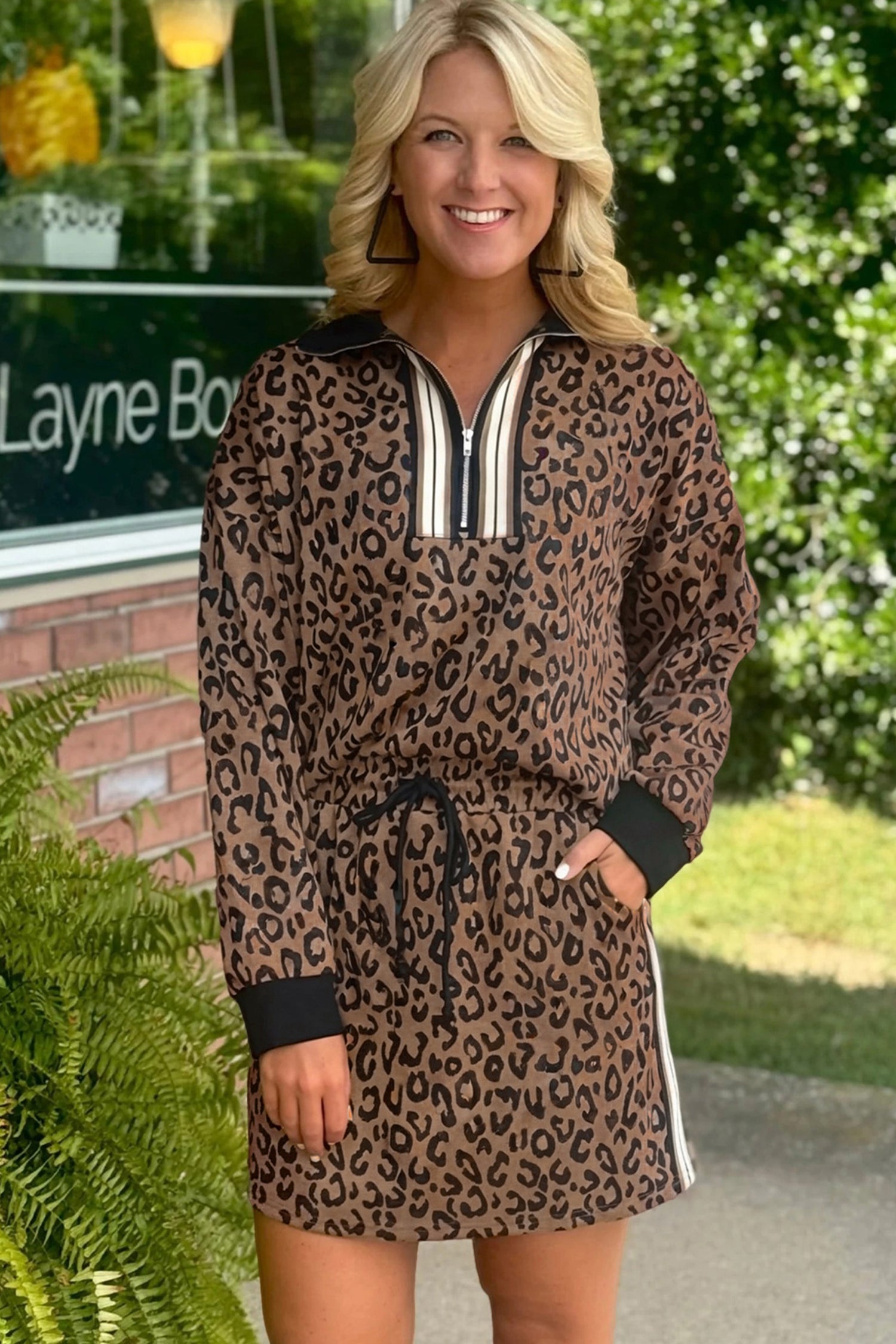 Khaki Leopard Print Quarter Zip Long Sleeve Top Mini Skirt Set-Two Piece Sets/Two Piece Dresses-[Adult]-[Female]-2022 Online Blue Zone Planet
