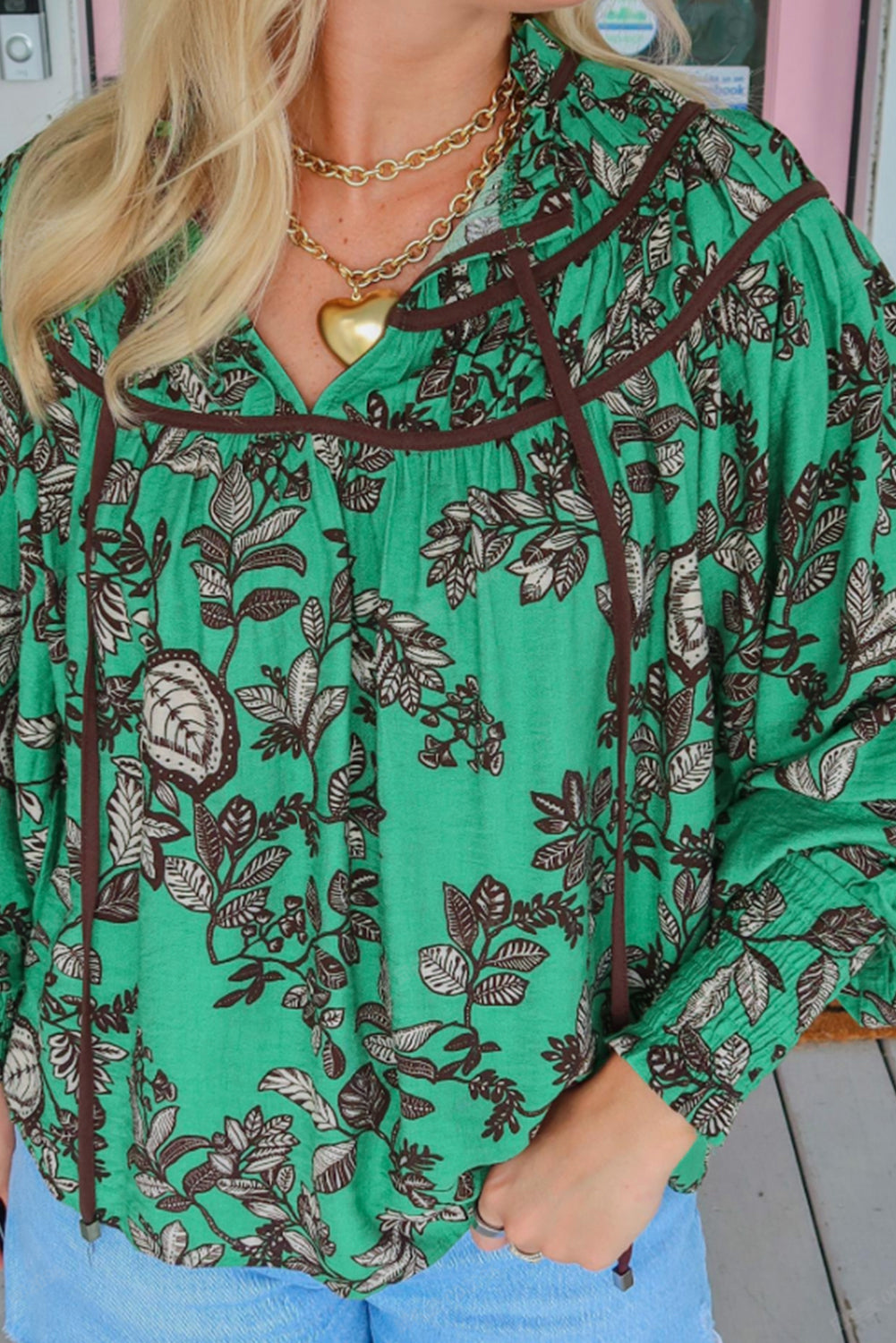 Green Leaves Print Contrast Trim V Neck Shirred Puff Sleeve Blouse-Tops/Blouses & Shirts-[Adult]-[Female]-2022 Online Blue Zone Planet