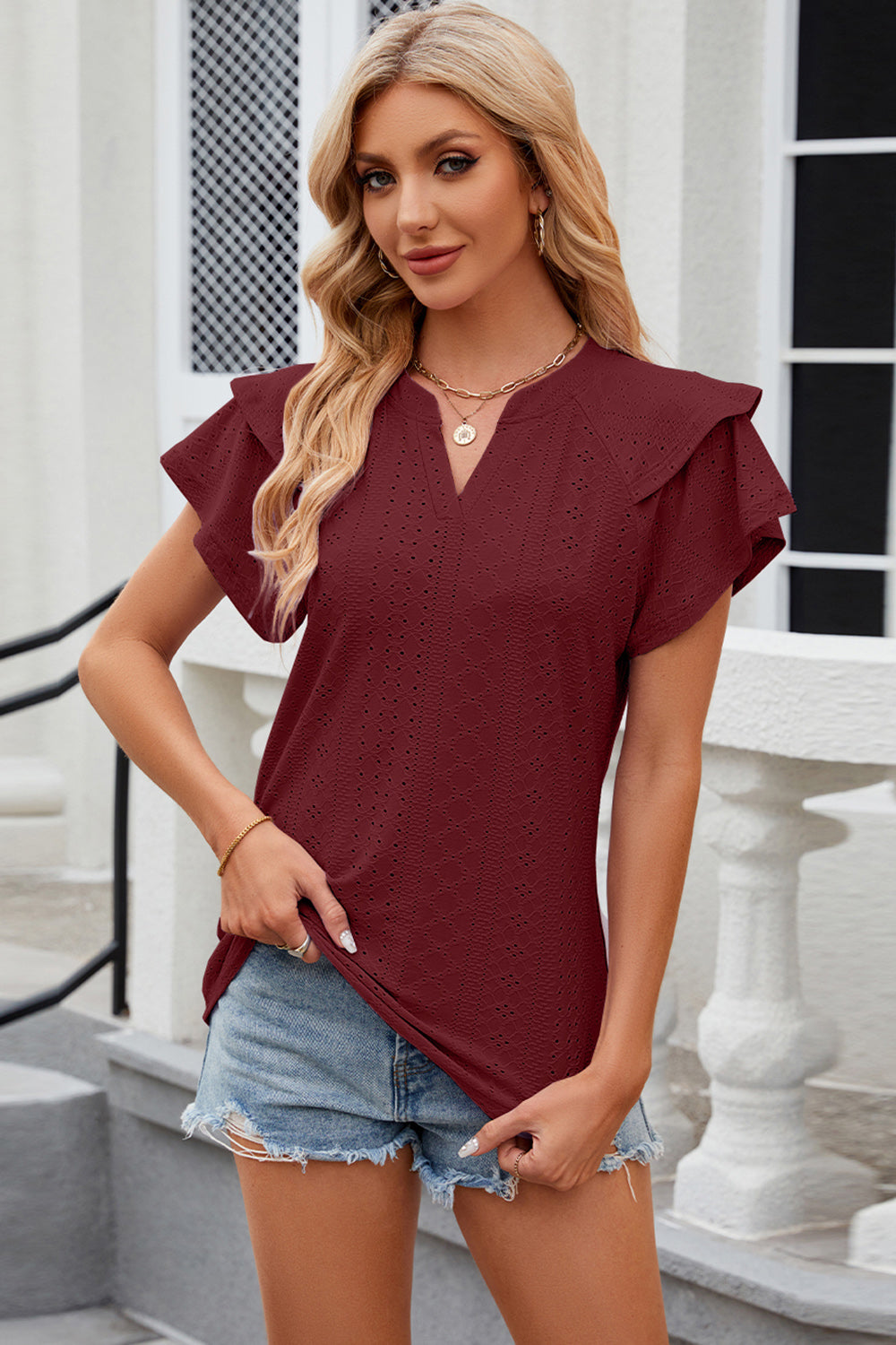 Eyelet Notched Short Sleeve T-Shirt-TOPS / DRESSES-[Adult]-[Female]-Burgundy-S-2022 Online Blue Zone Planet