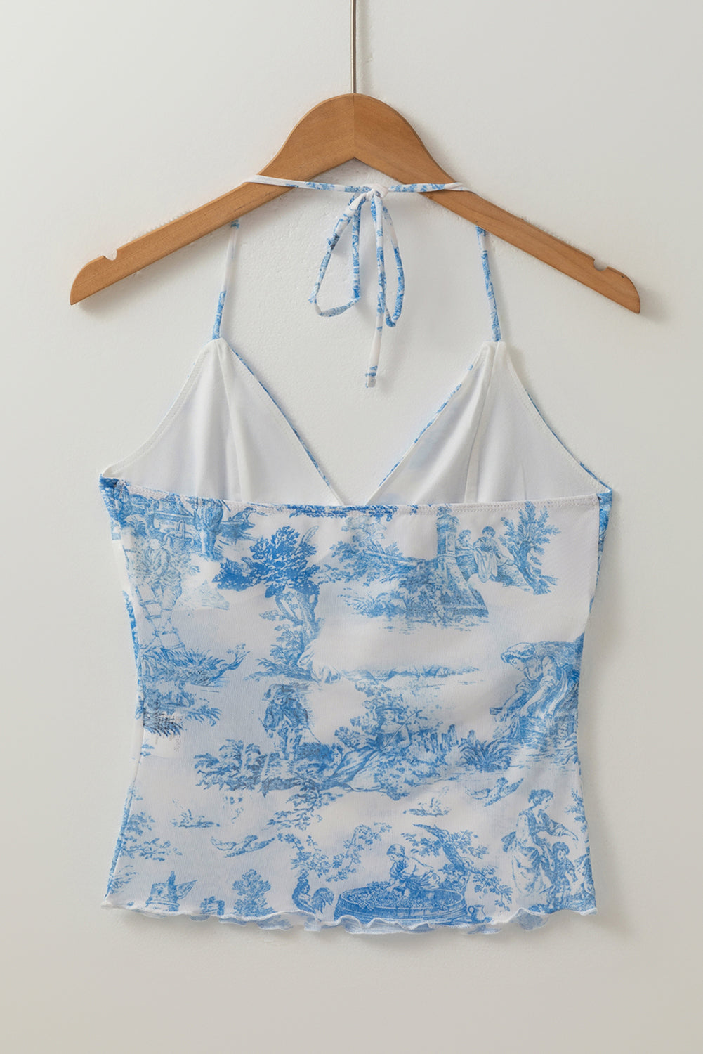 Sky Blue Random Printed Mesh Bow Detail Halterneck Tank Top-Tops/Tank Tops-[Adult]-[Female]-2022 Online Blue Zone Planet