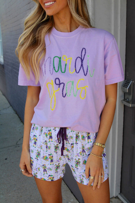 Lavendula Mardi Gras Tinsel Letter Graphic Loose T Shirt-Tops/Tops & Tees-[Adult]-[Female]-Lavendula-S-2022 Online Blue Zone Planet